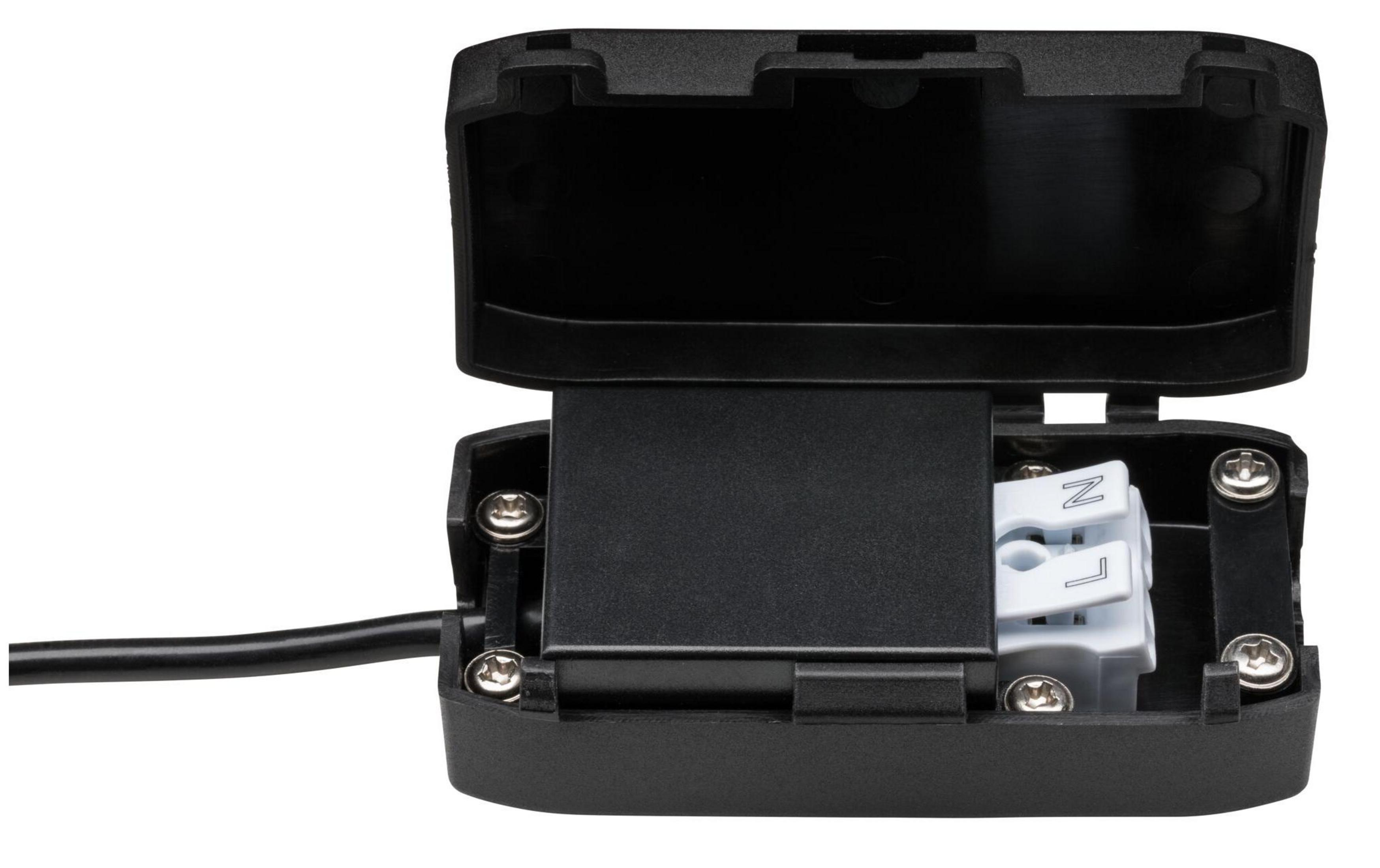 Czarna obudowa z otwartą pokrywą pokazuje zaciski L i N.