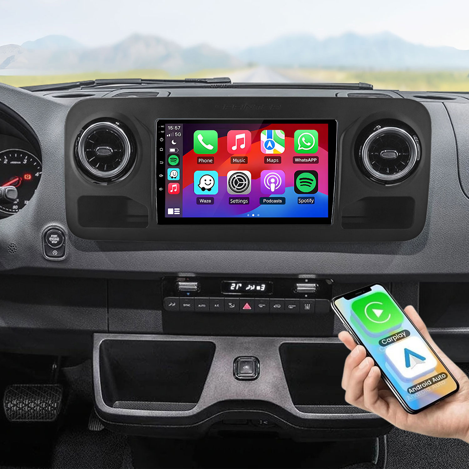 Armaturenbrett mit Touchscreen-Infotainment und Smartphone-Halterung für CarPlay/Android Auto.