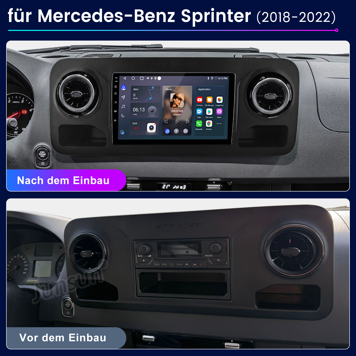 Vorher-Nachher-Vergleich des Mercedes-Benz Sprinter-Armaturenbretts mit neuem Infotainmentsystem.