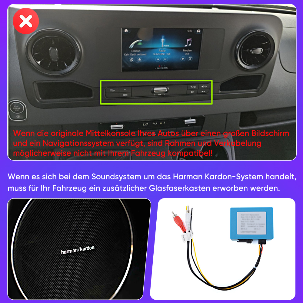 Autoinnenraum mit Bildschirm, Bedienelementen und Harman Kardon-Komponenten.
