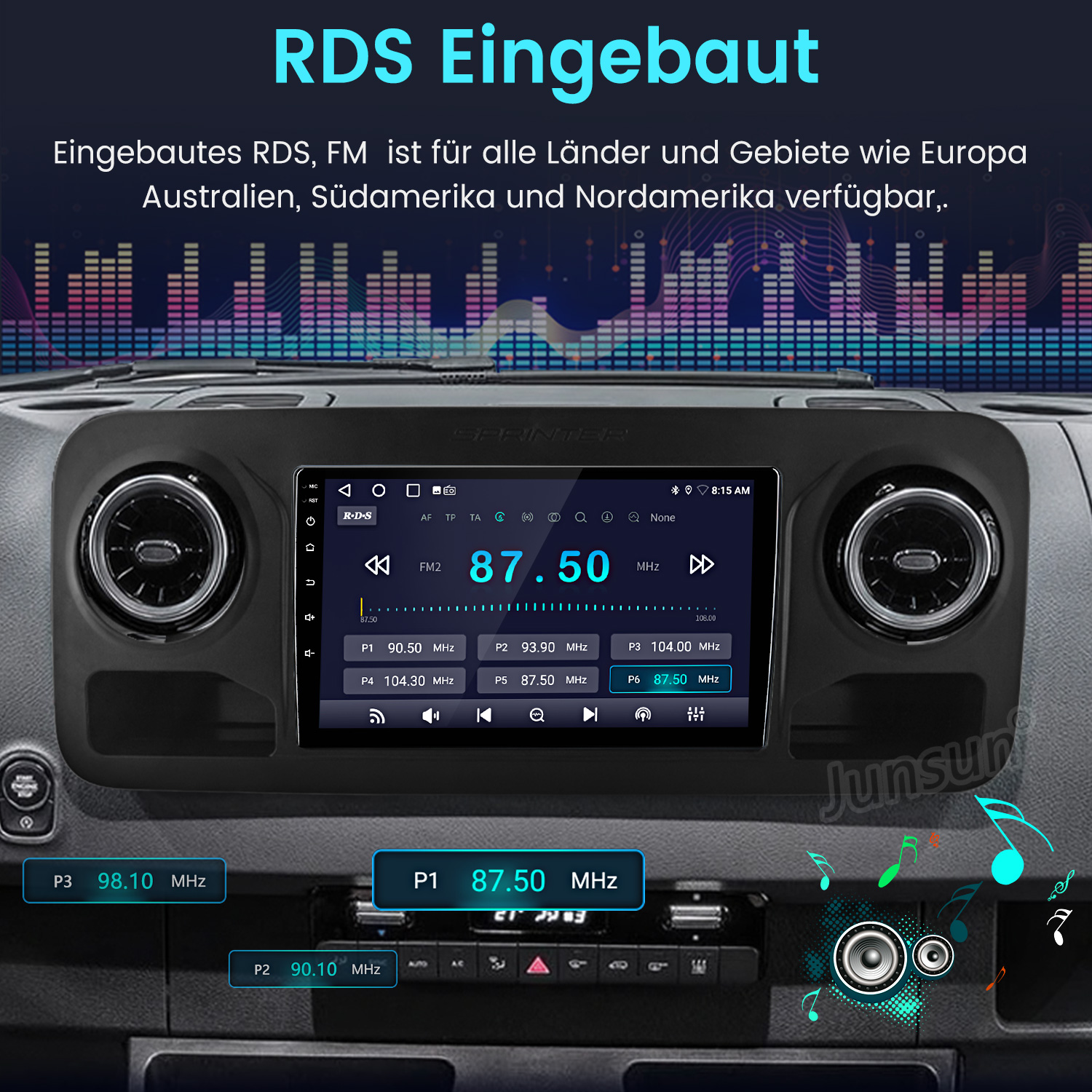 Einbau-RDS-FM-Radio im Auto mit Frequenzanzeige und Speichertasten.