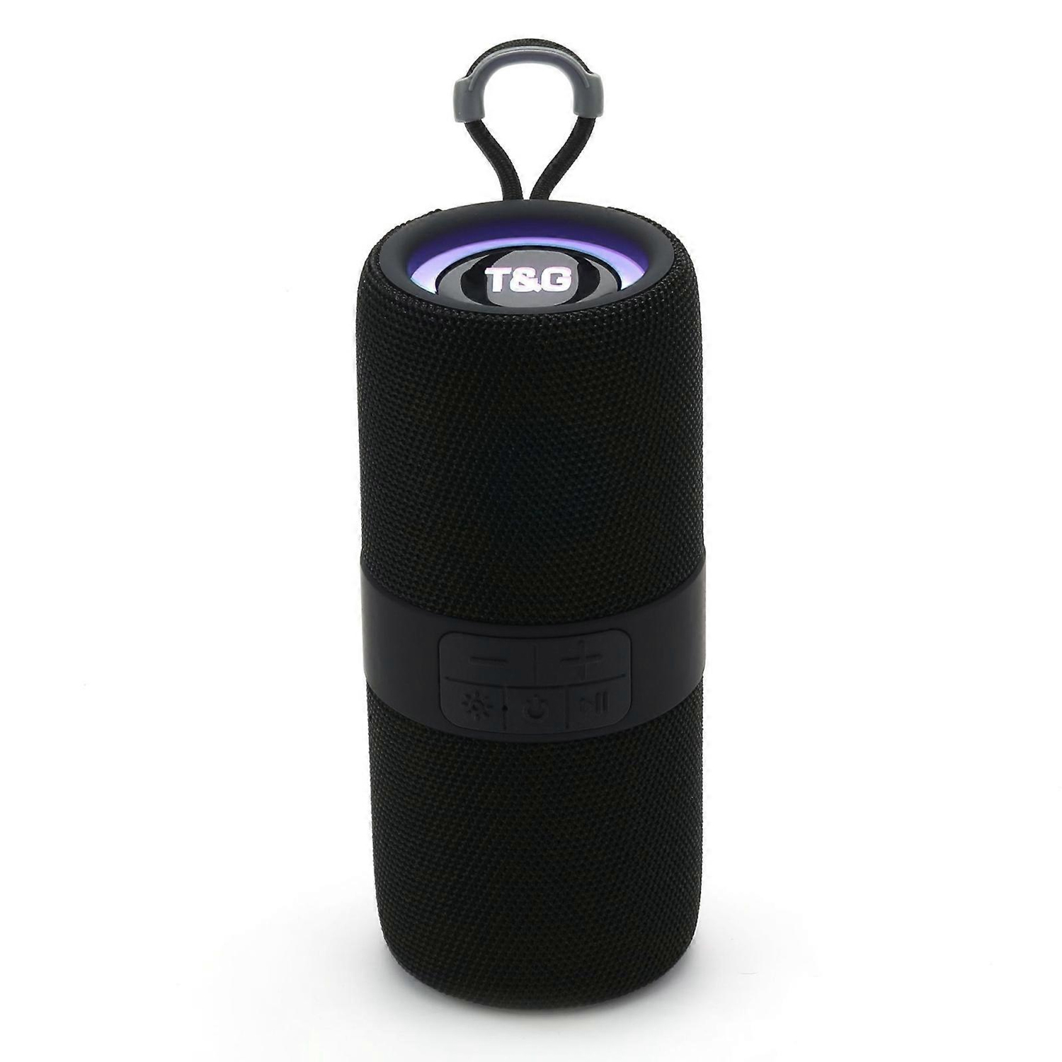 Altoparlante Bluetooth nero con manico e logo T&G illuminato.