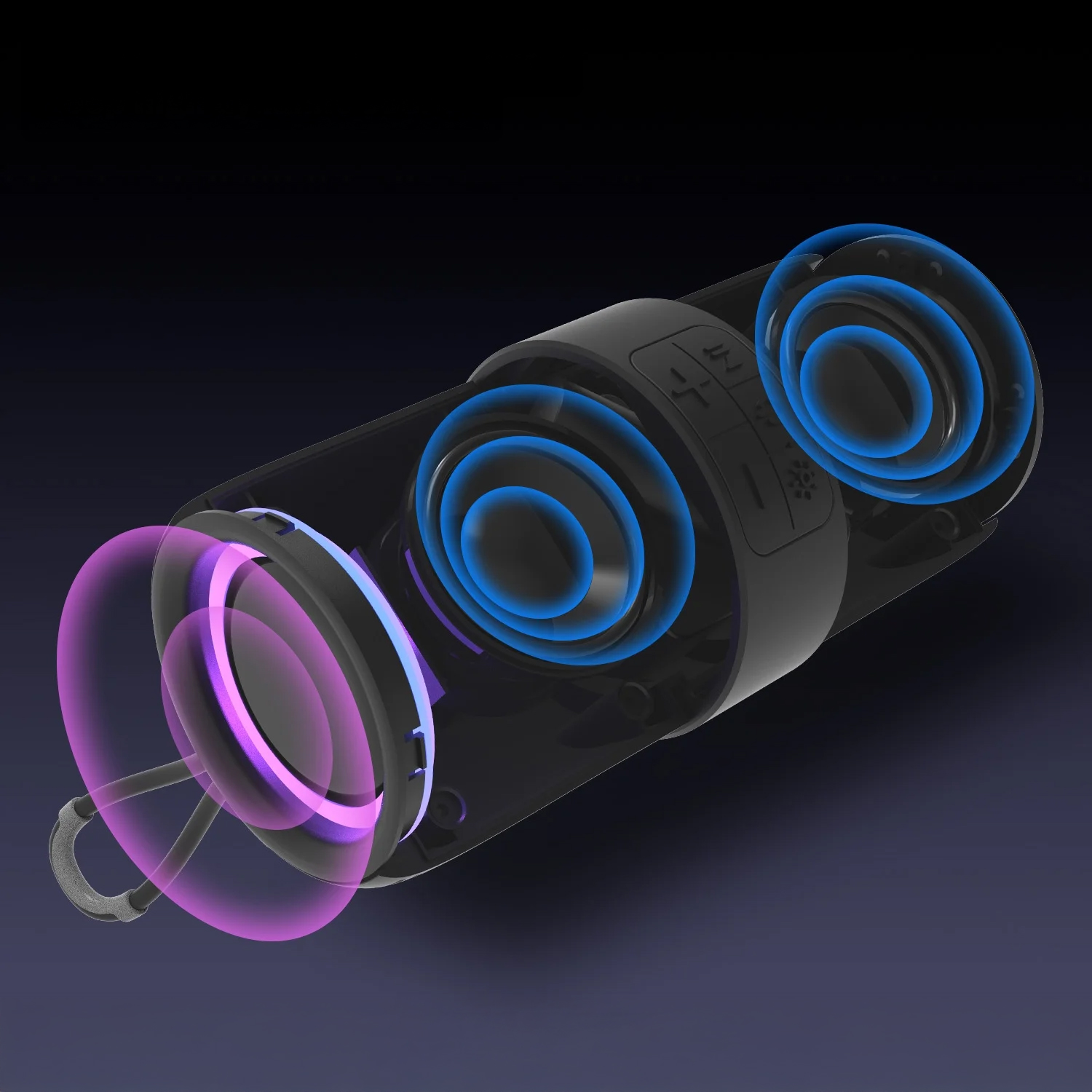 Un altoparlante nero con anelli blu e viola luminosi.
