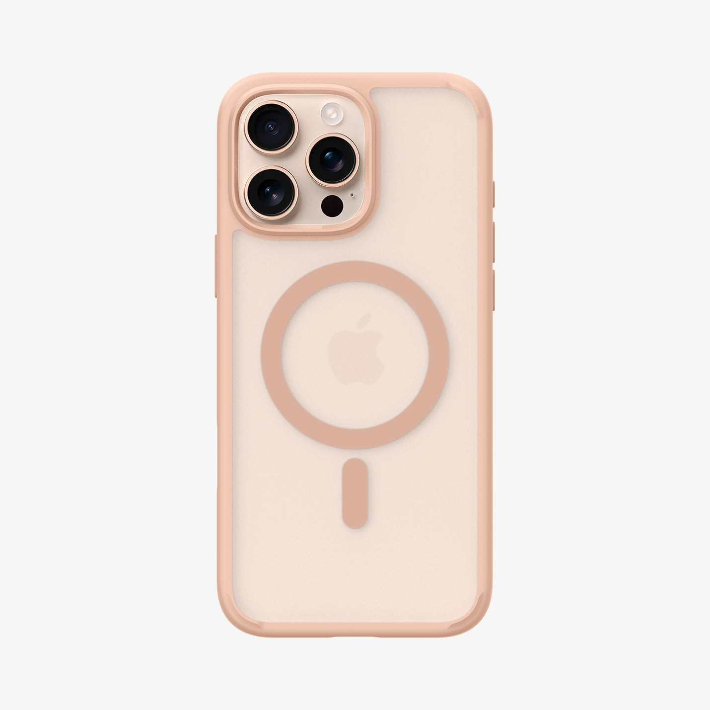 Ein rosafarbener iPhone-Schutz mit drei Kameras und einem Apple-Logo.