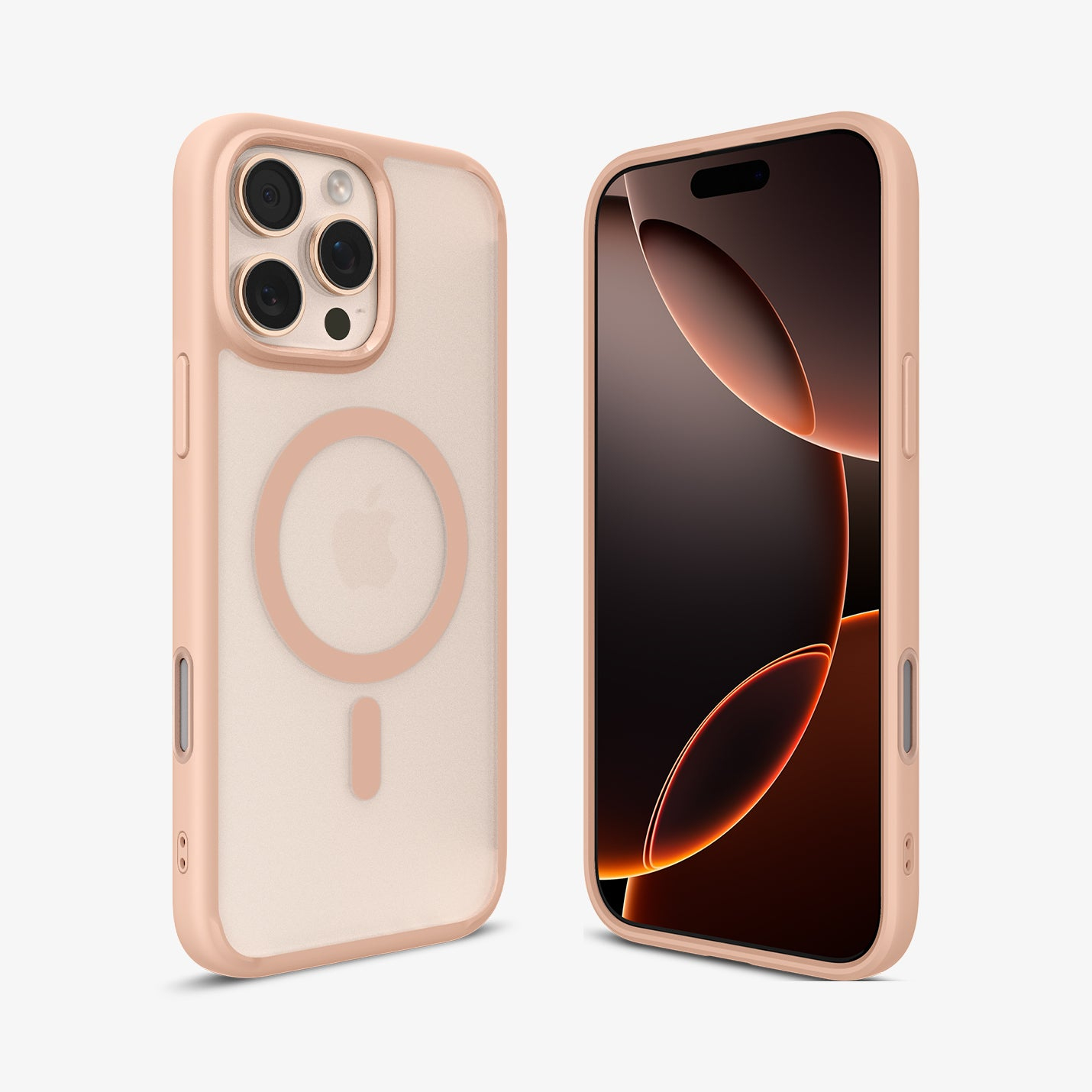 Ein rosa iPhone-Case mit MagSafe und ein iPhone mit dunklem Hintergrund.
