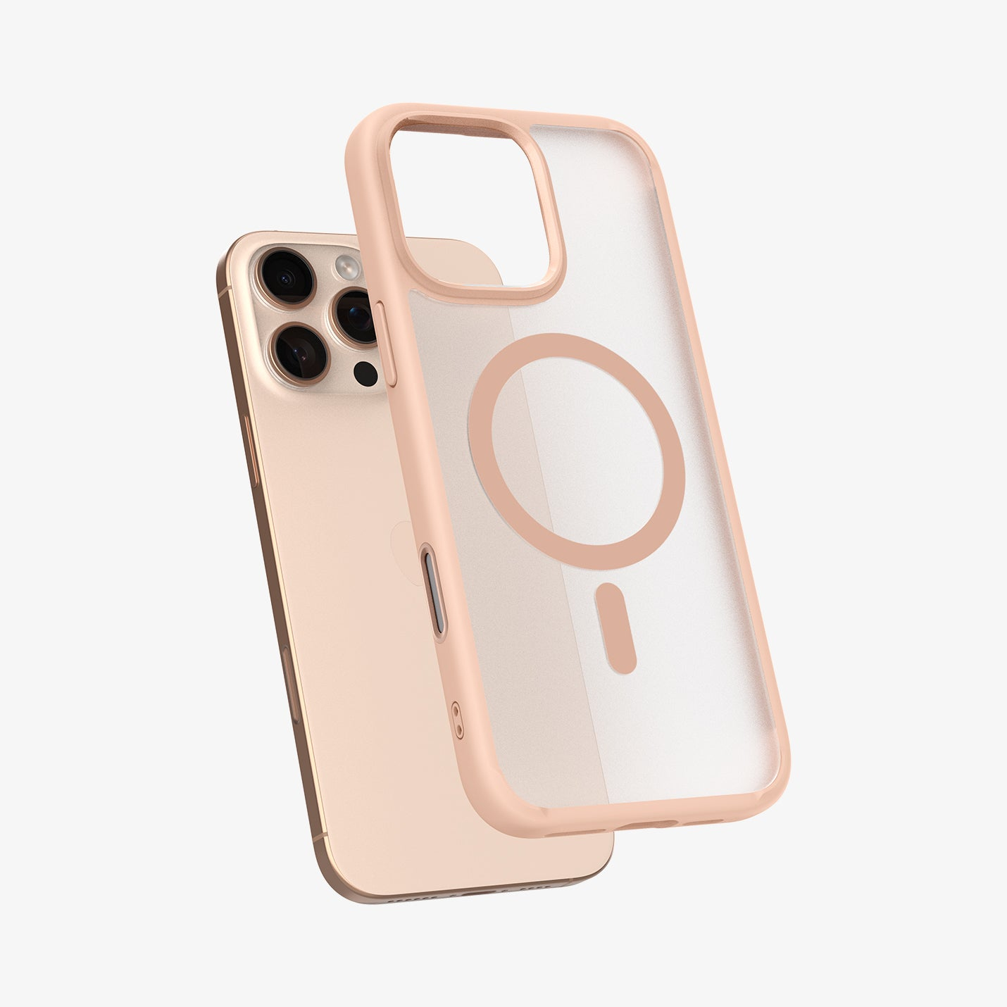 Ein durchsichtiges Handyhülle mit rosafarbenem Rand, das über einem rosafarbenen Handy liegt.