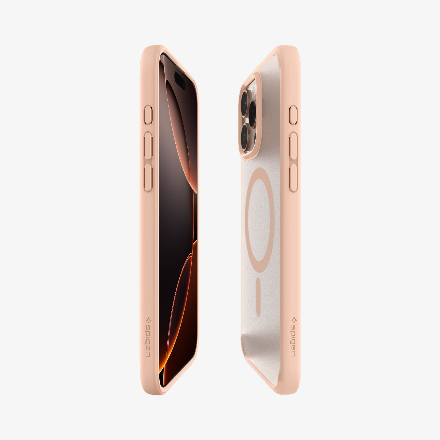 Ein rosafarbener iPhone-Schutz, der die Vorder- und Rückseite zeigt.