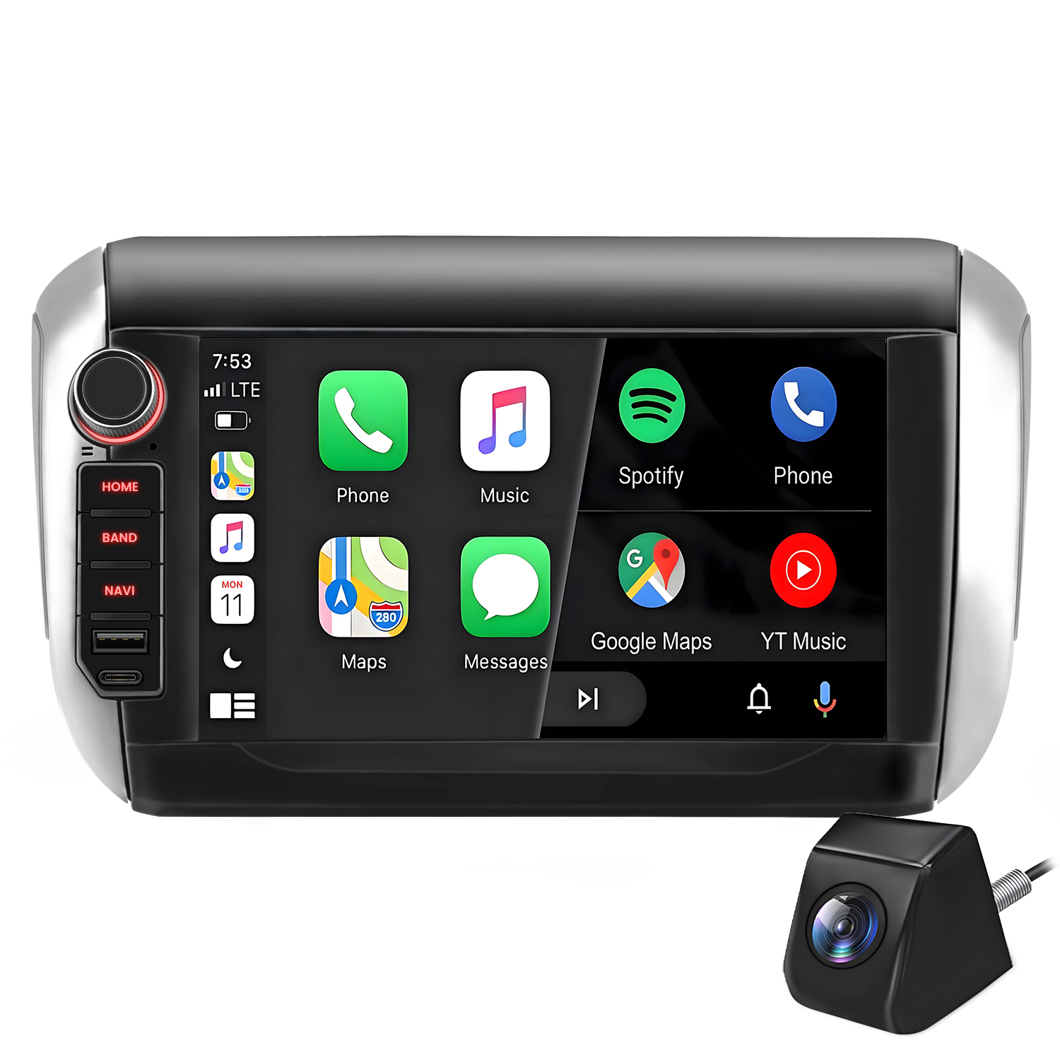 Auto-Infotainment-Bildschirm mit Apps wie Telefon, Musik, Spotify, Karten und Google Maps. Eine Rückfahrkamera ist abgebildet.
