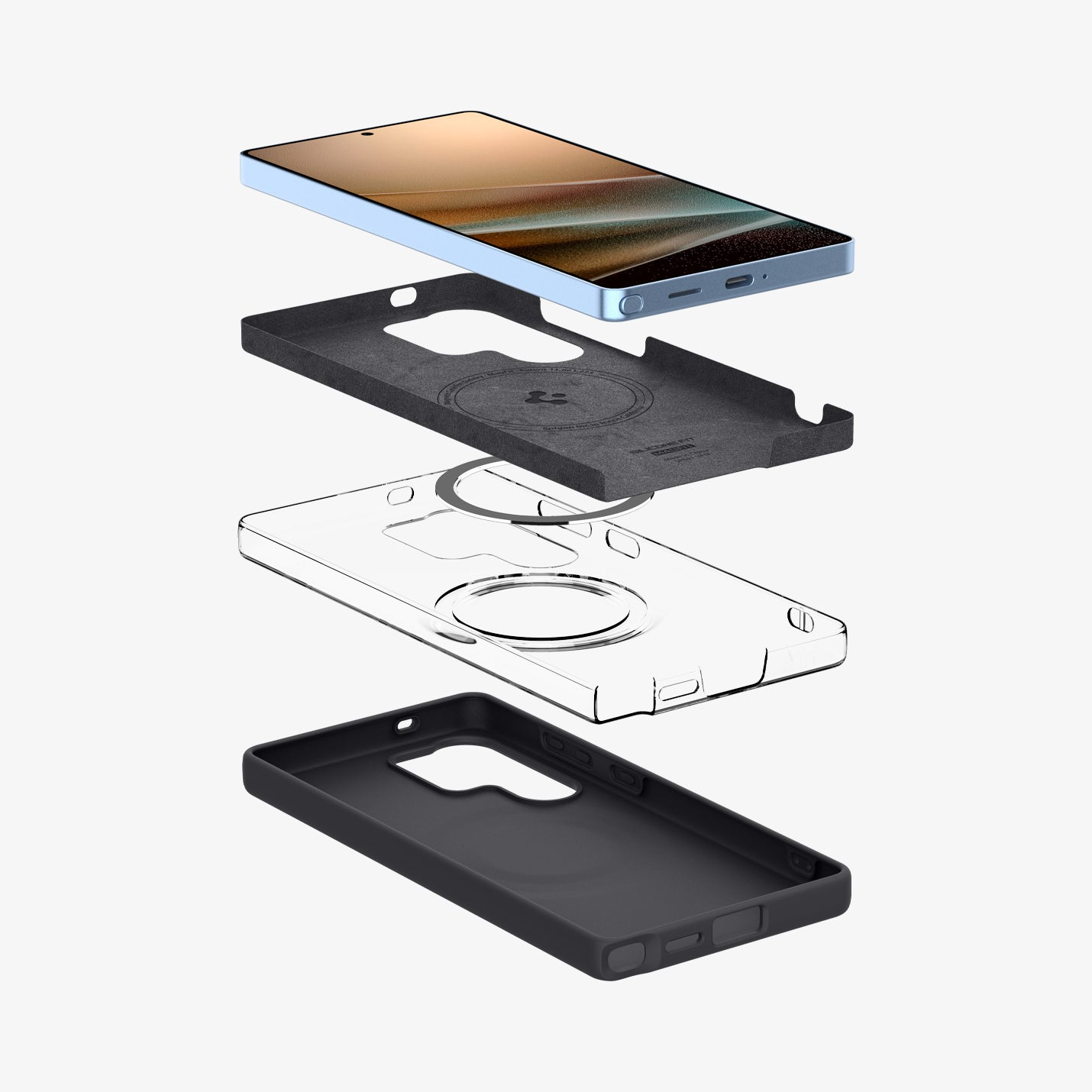 Vista esplosa di uno smartphone blu con tre custodie protettive.