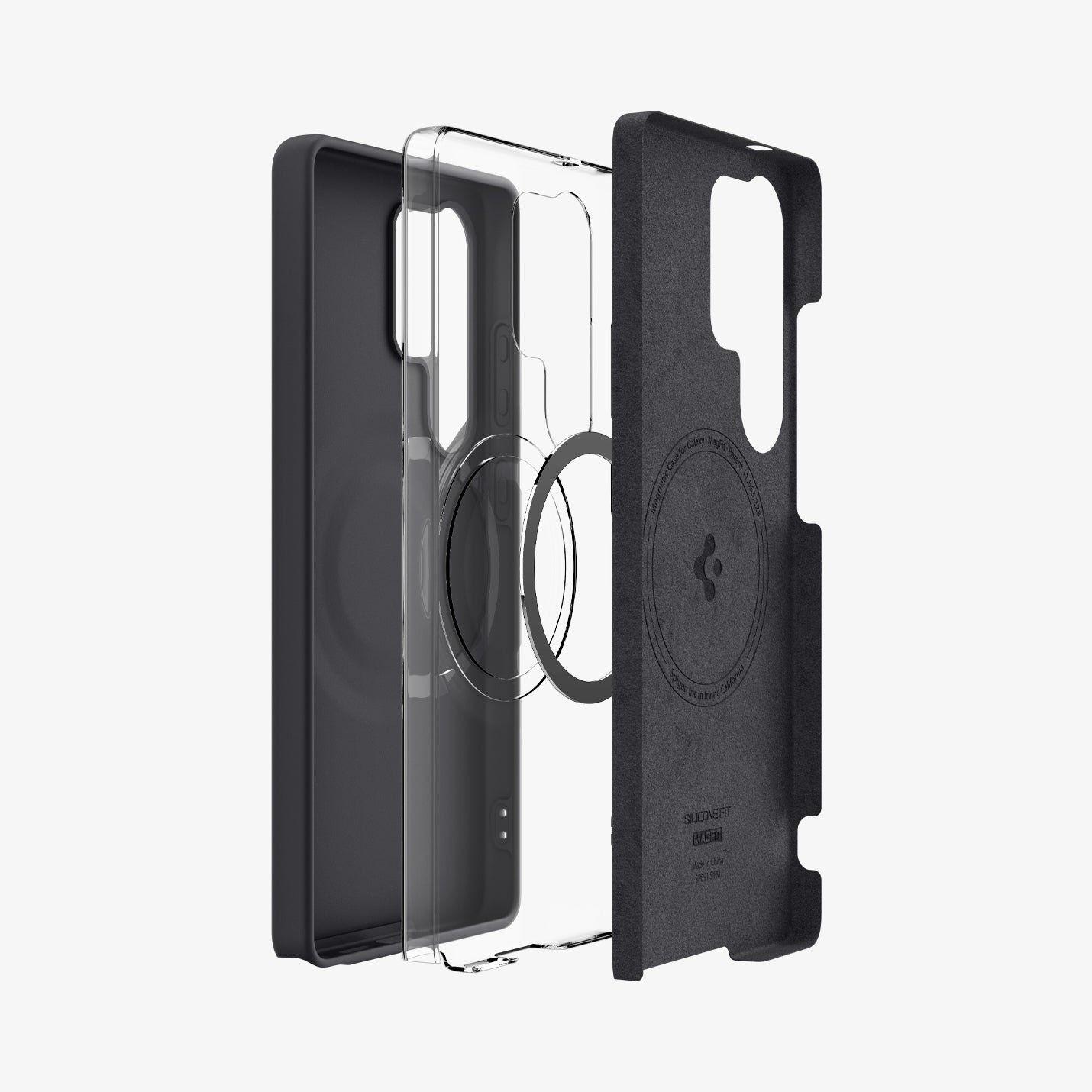 Una custodia nera per telefono, una cover protettiva trasparente e un retro.