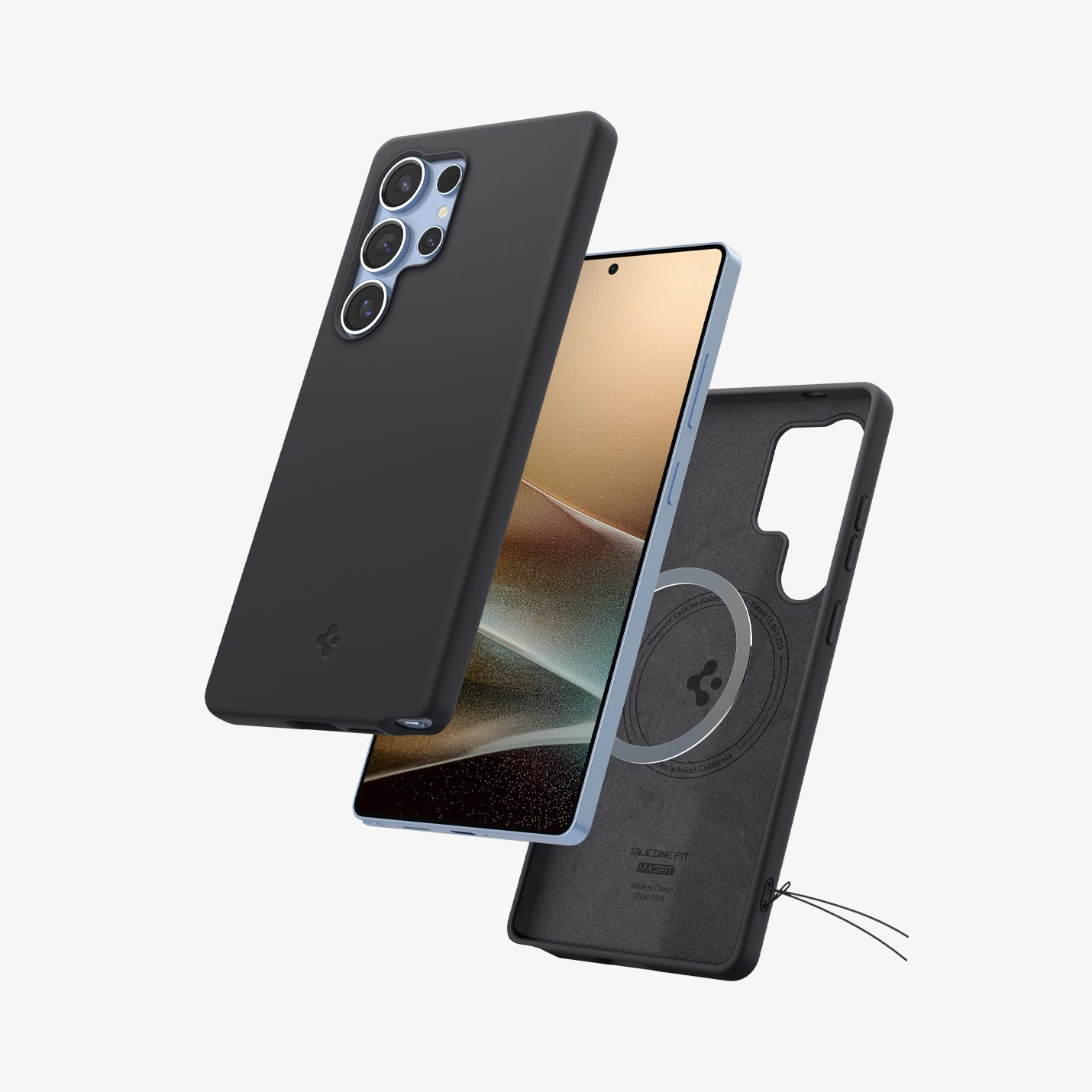 Un telefono nero con la sua cover e un dettaglio di cover separata.