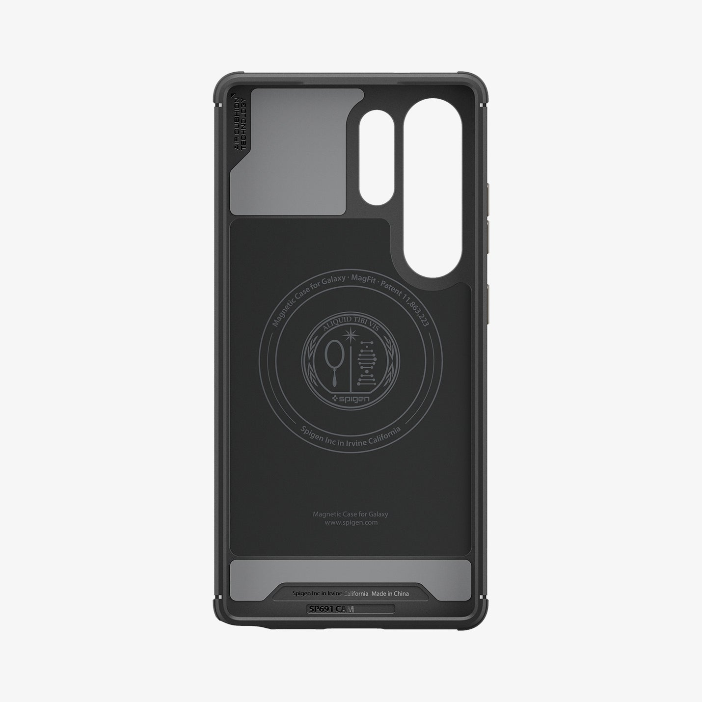 Schwarze Handyhülle mit MagFit-Technologie und Spigen-Logo.