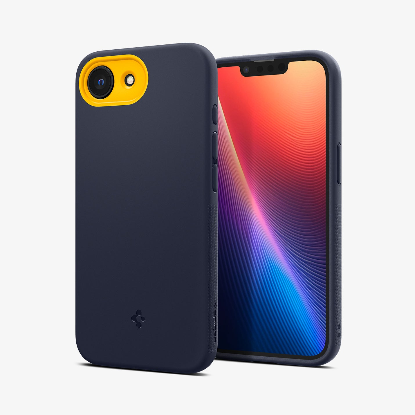 Custodia blu scuro con foro fotocamera giallo, accanto a un telefono con schermo colorato.