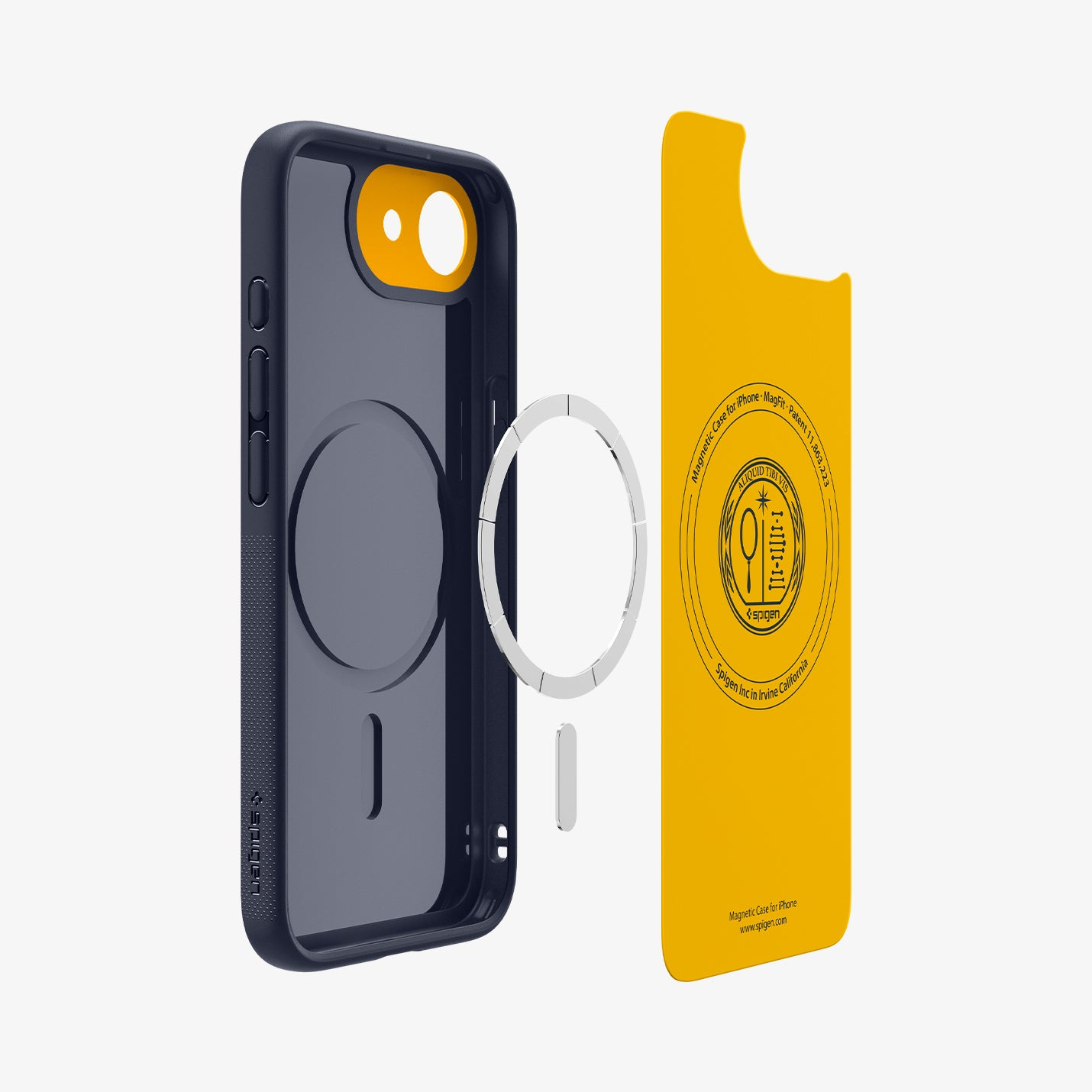 Custodia blu scuro per iPhone con anello magnetico e inserto giallo.