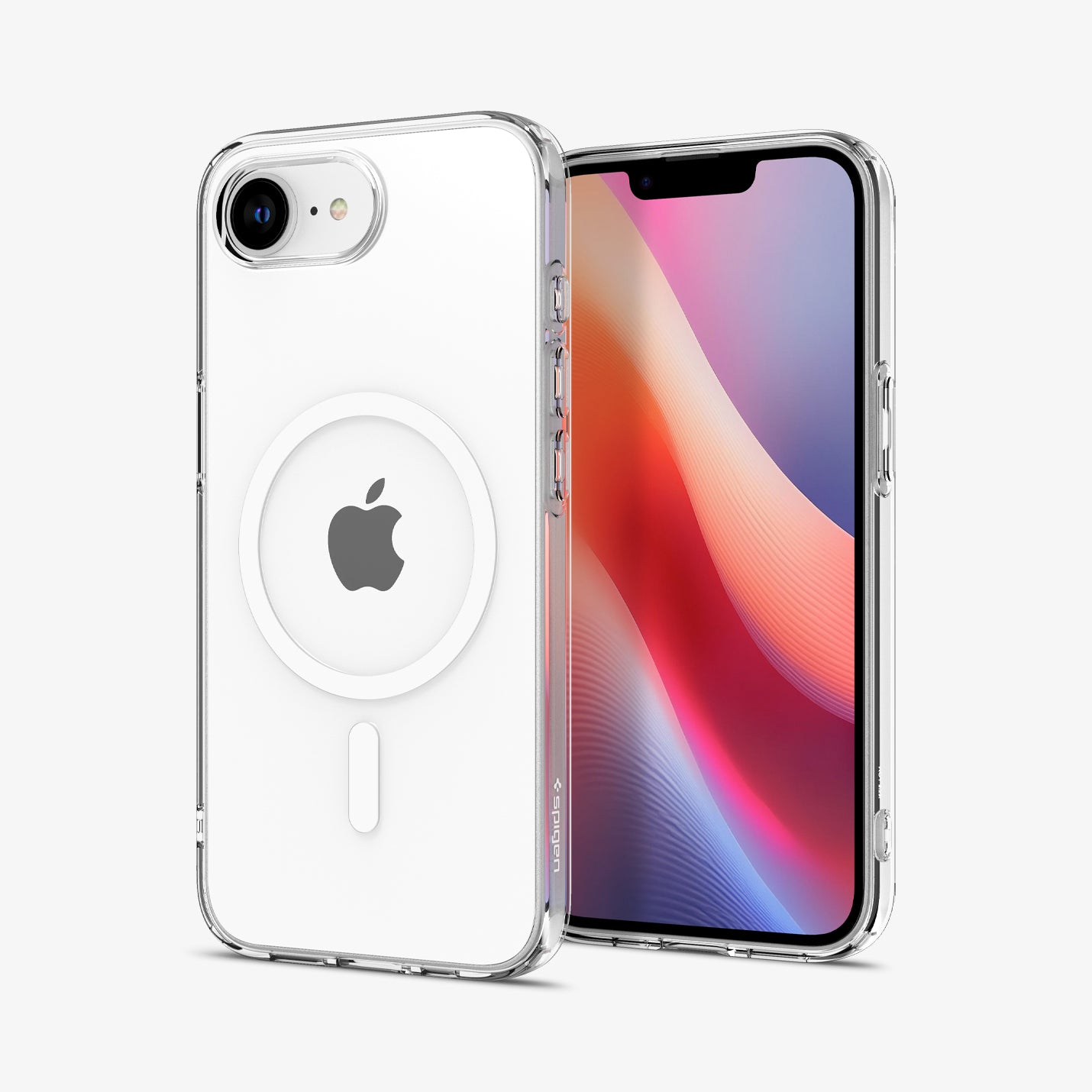 Una cover trasparente per telefono con logo Apple e un telefono con schermo colorato.