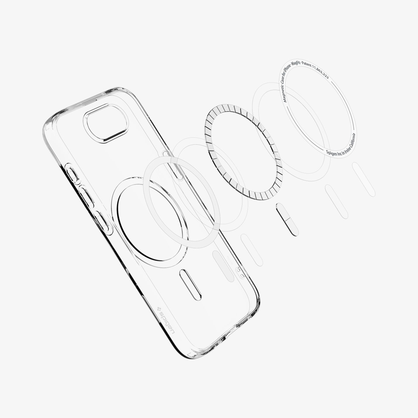 Vista esplosa di una custodia trasparente per iPhone con anello magnetico.