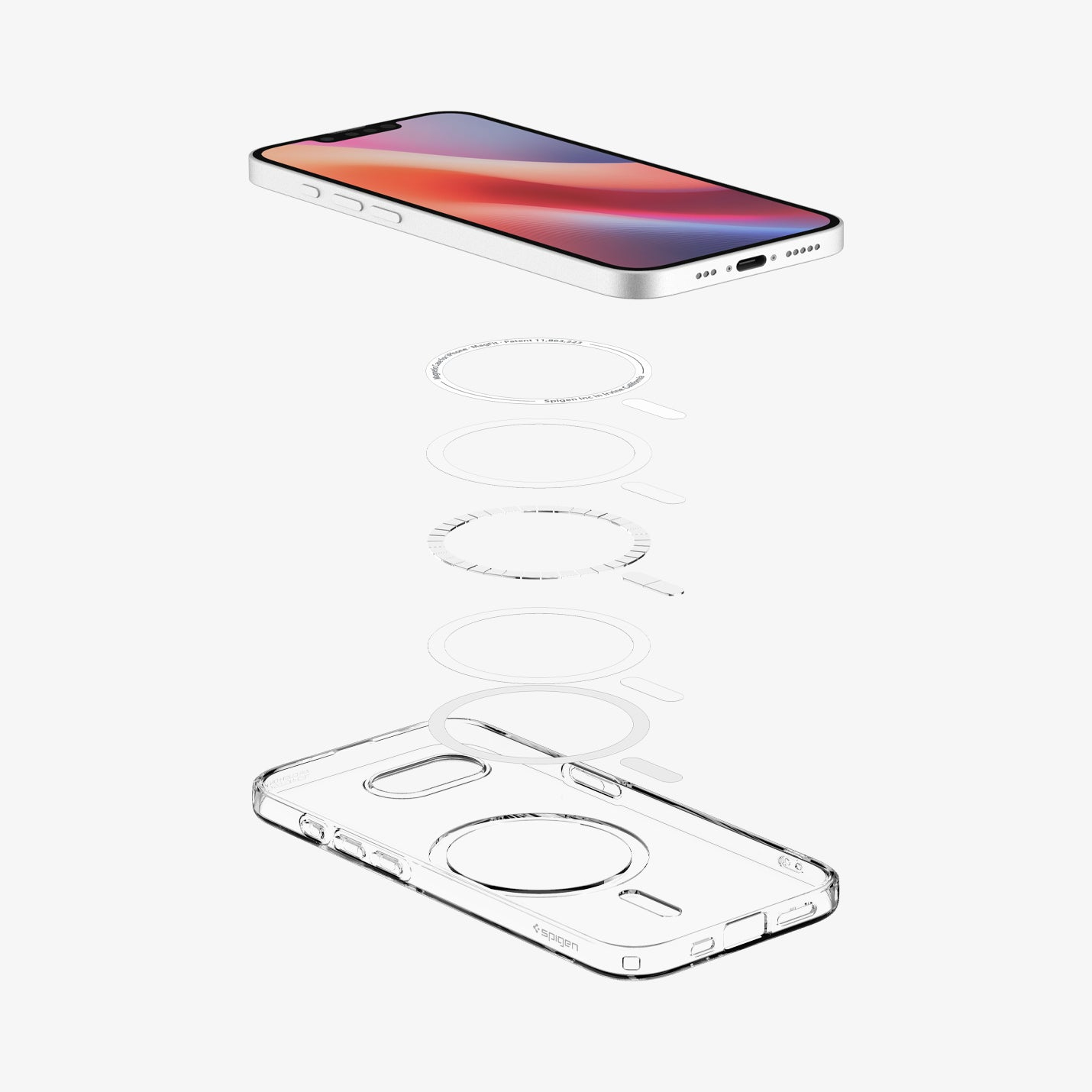Una custodia trasparente per iPhone con anelli magnetici e uno smartphone.
