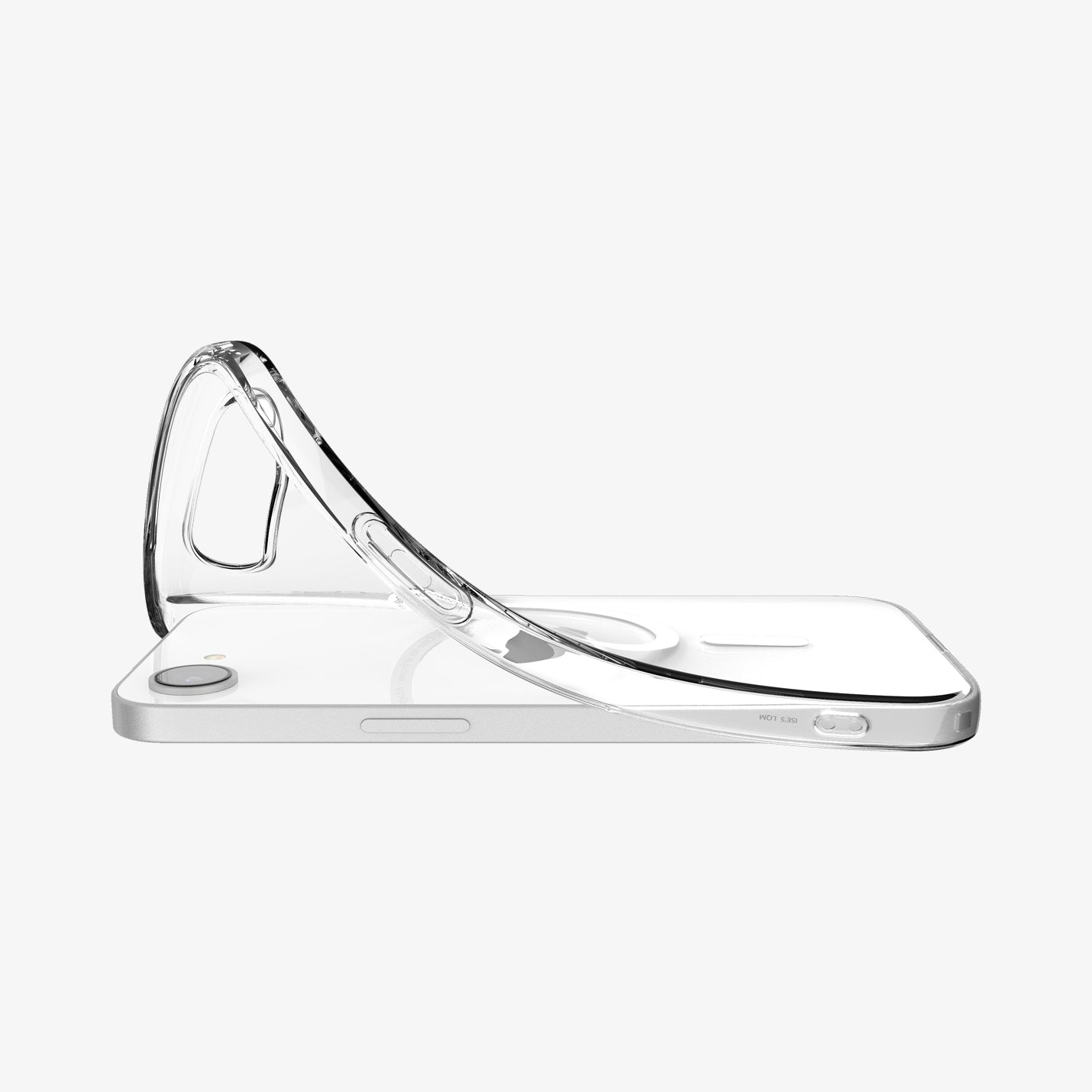 Custodia trasparente su smartphone bianco, vista laterale.