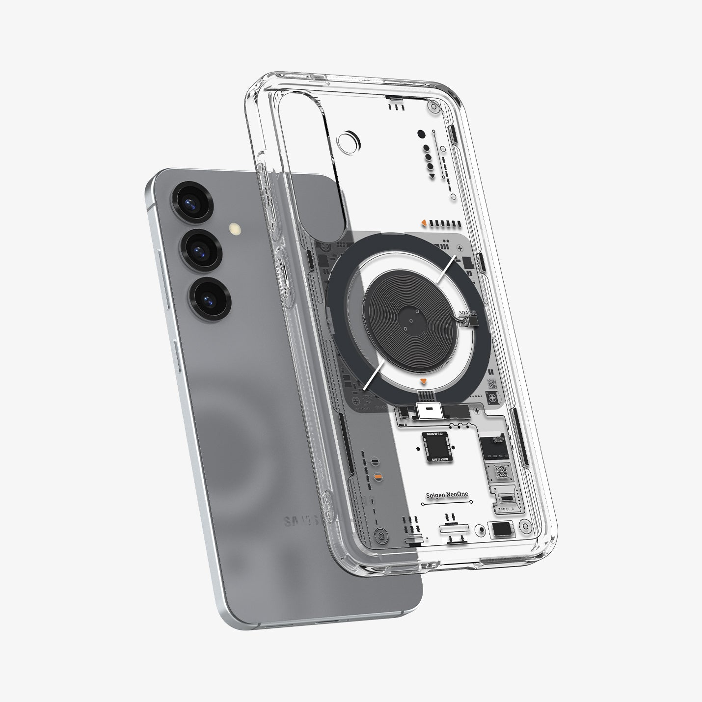 Ein transparentes Handyhülle mit sichtbaren internen Komponenten und einem Handy.