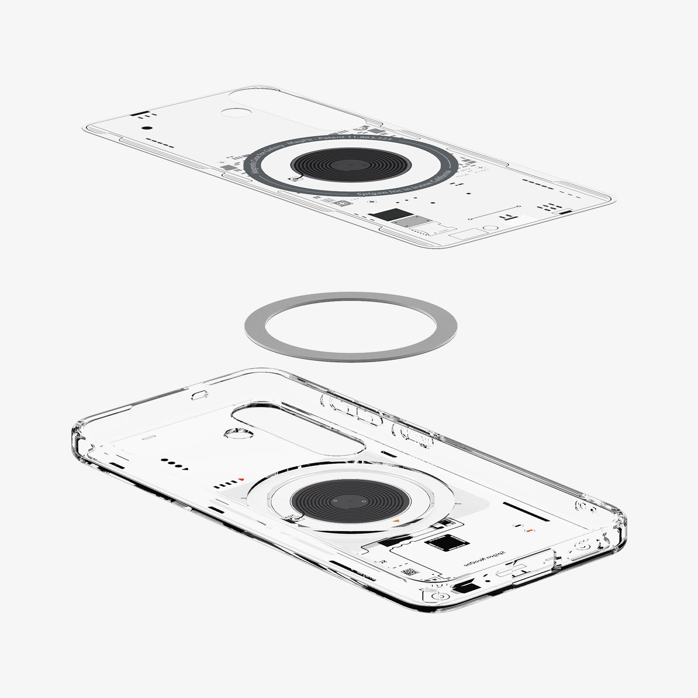 Transparente Handyhülle mit rundem magnetischem Ladegerät und separatem Ring.