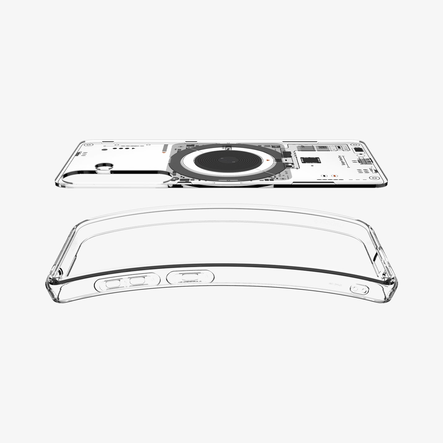 Ein transparentes Smartphone mit sichtbarer innerer Technik und einer durchsichtigen Hülle.