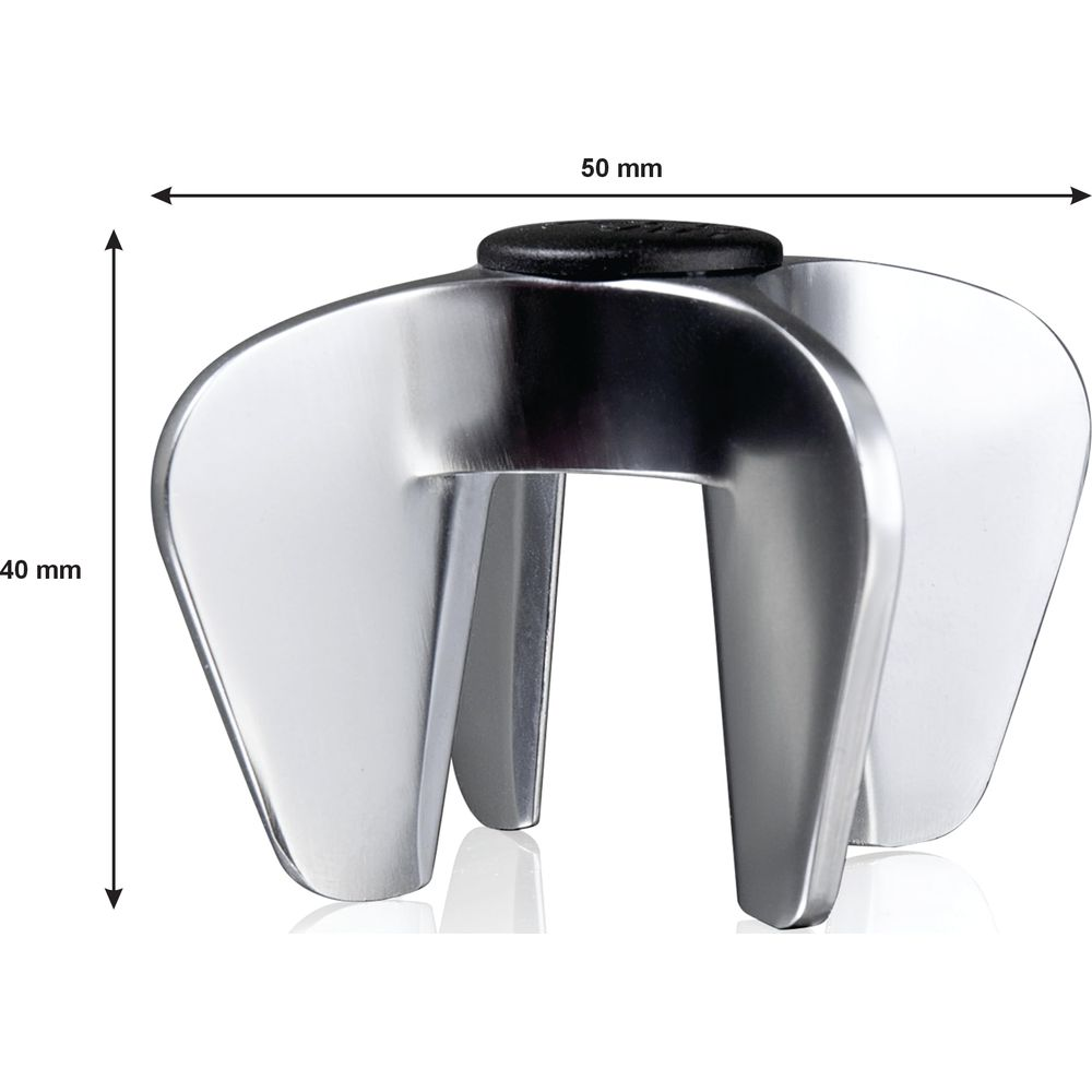 Un oggetto argentato con quattro gambe curve e parte superiore nera.