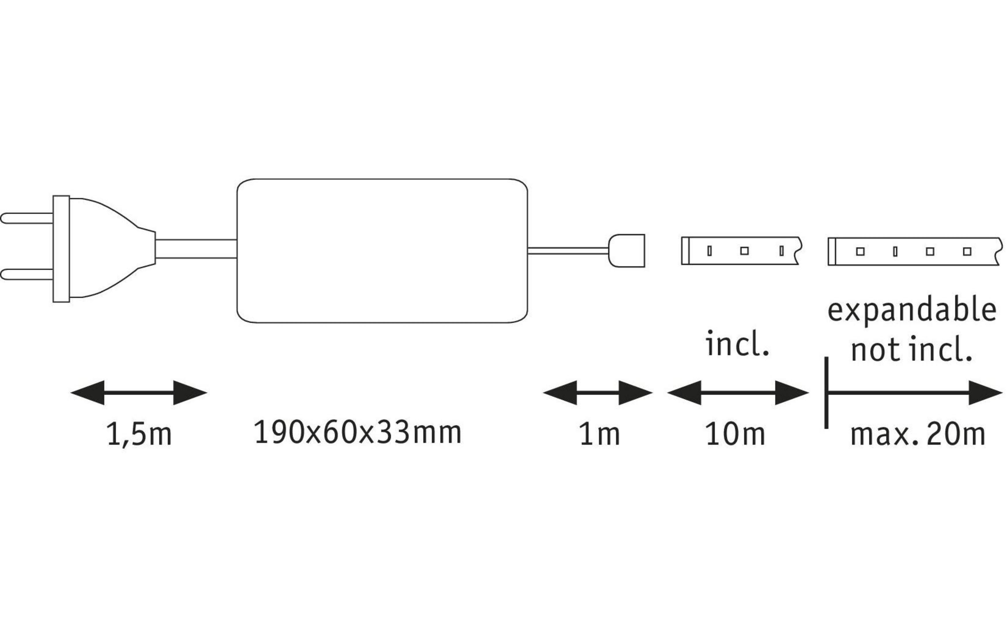 Netzteil mit 1,5m Kabel, 190x60x33mm, 1m/10m inkl., max. 20m nicht inkl.