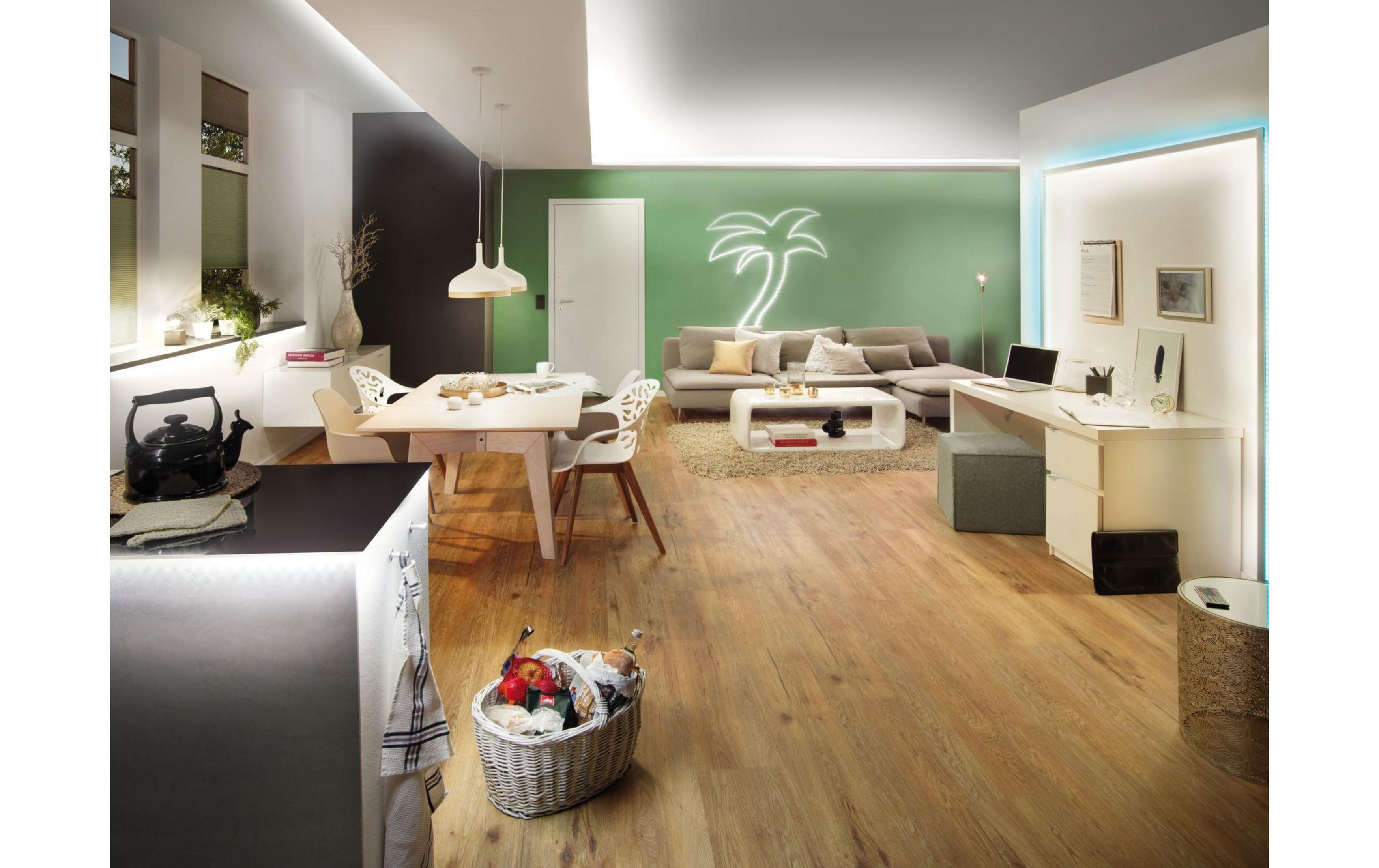 Ein Wohnzimmer mit Essbereich, Sofa, Schreibtisch und Küchenzeile.