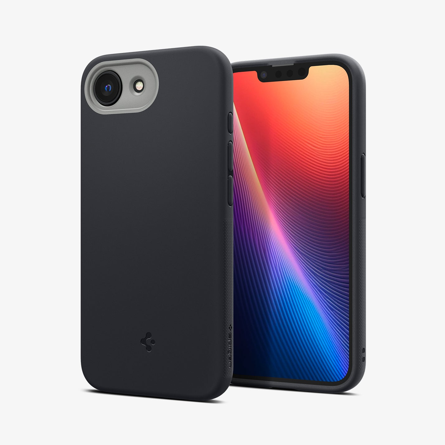Custodia grigio scuro accanto a uno smartphone con sfondo colorato.