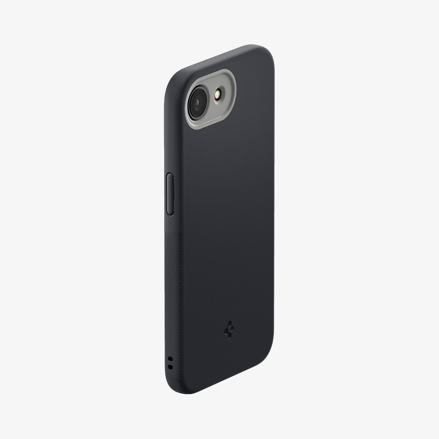 Custodia grigio scuro per telefono con ritaglio fotocamera e pulsanti laterali.