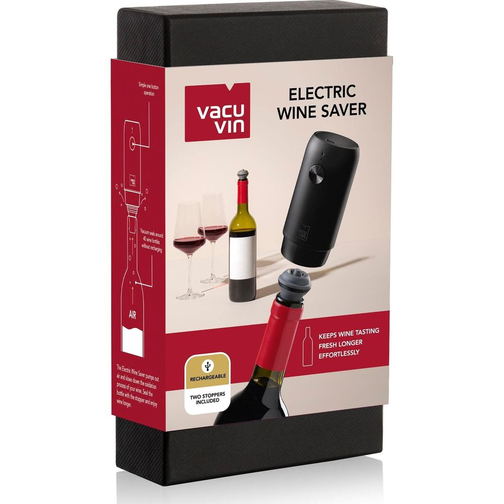 Salva vino elettrico con bottiglia, bicchieri e accessori sulla confezione.