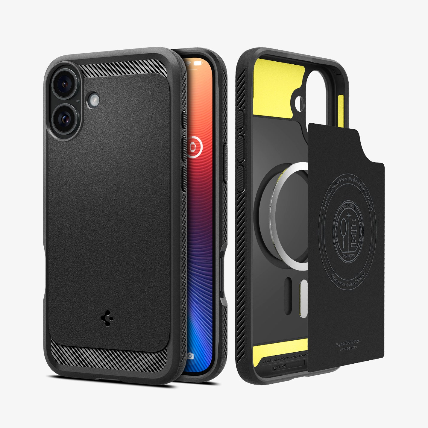 Custodia nera Spigen con accenti in fibra di carbonio e interno giallo.