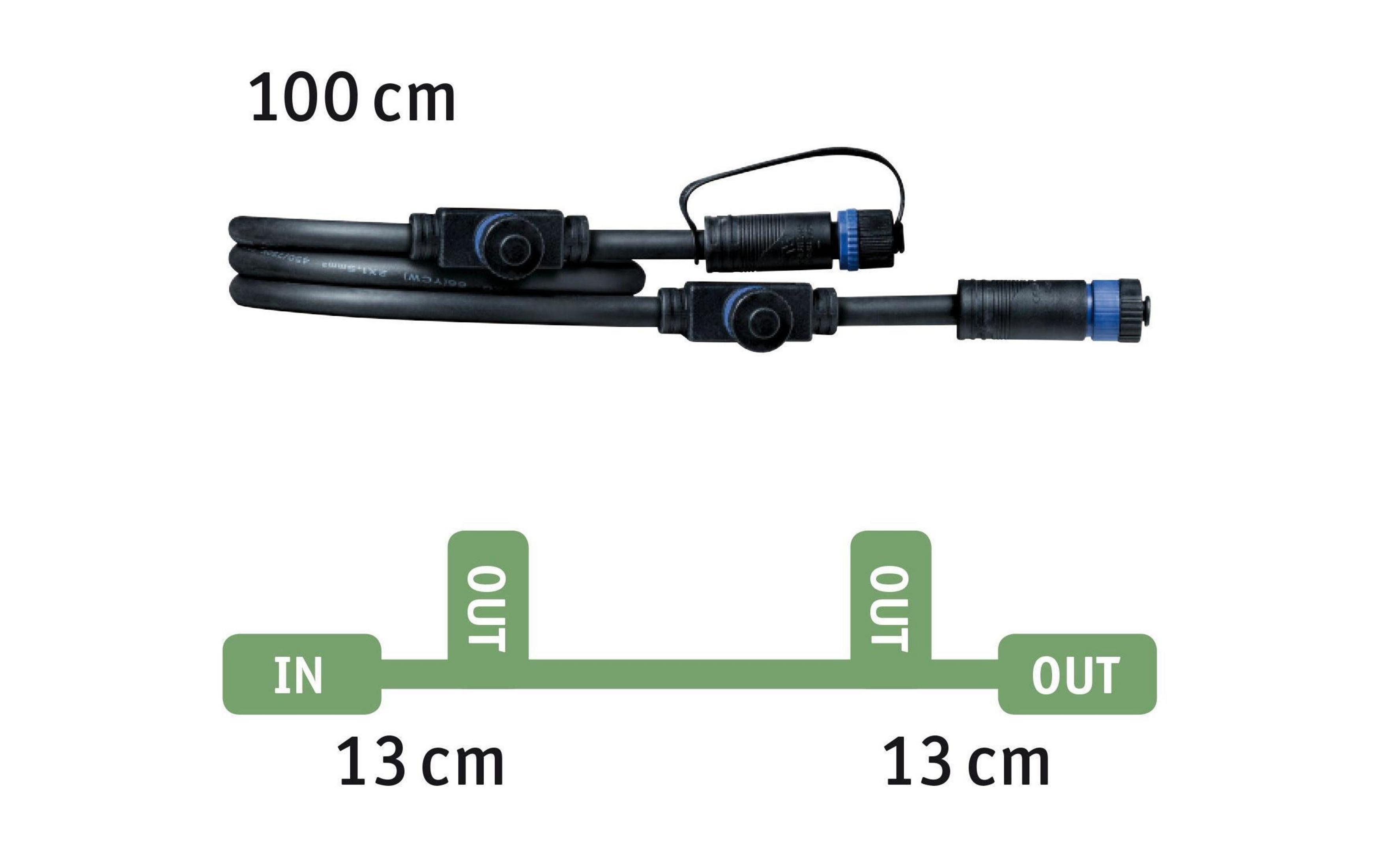 Un câble noir avec connecteurs bleus, 100 cm de long, avec marquages IN/OUT.