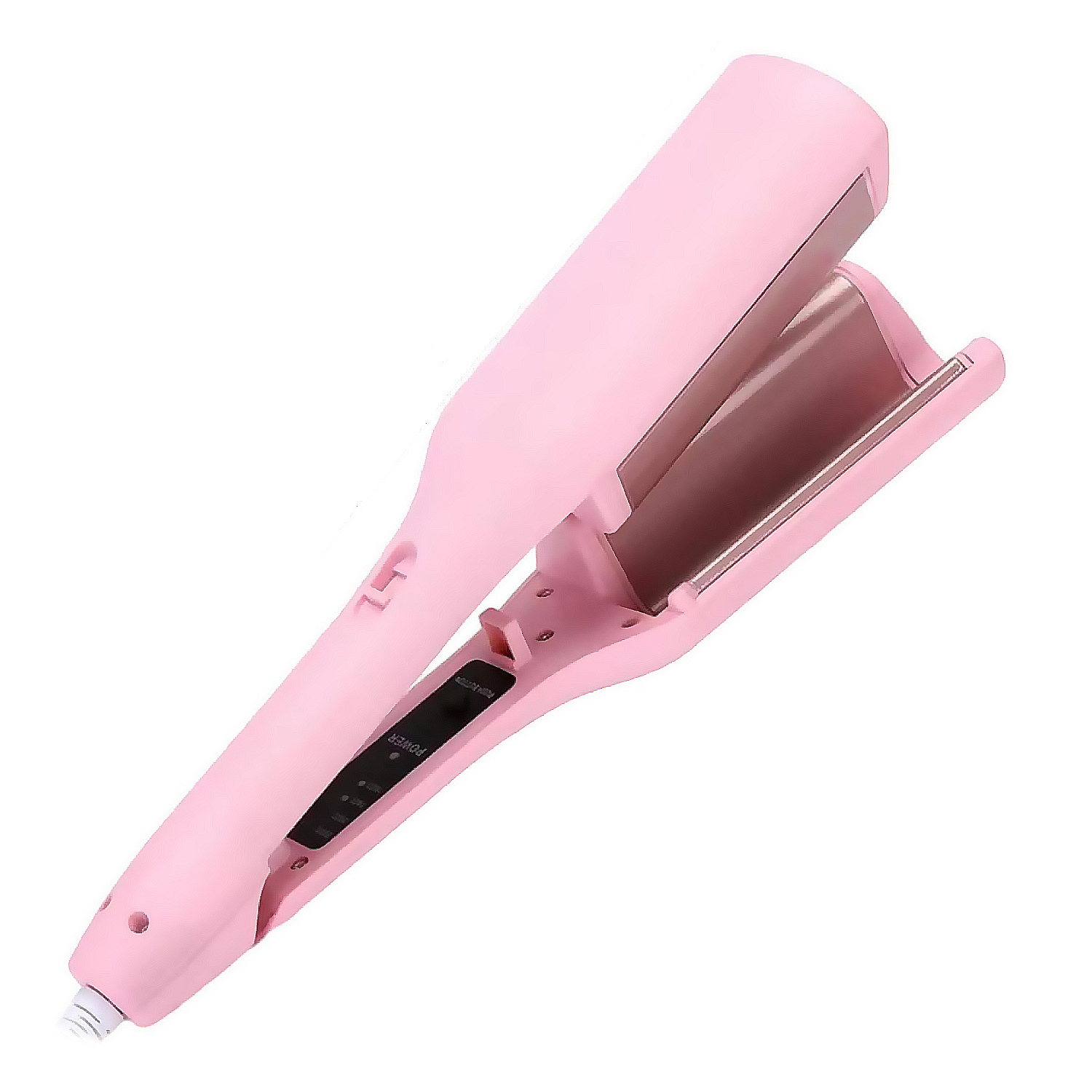 Una piastra per capelli rosa con piastre aperte e pulsanti di controllo.