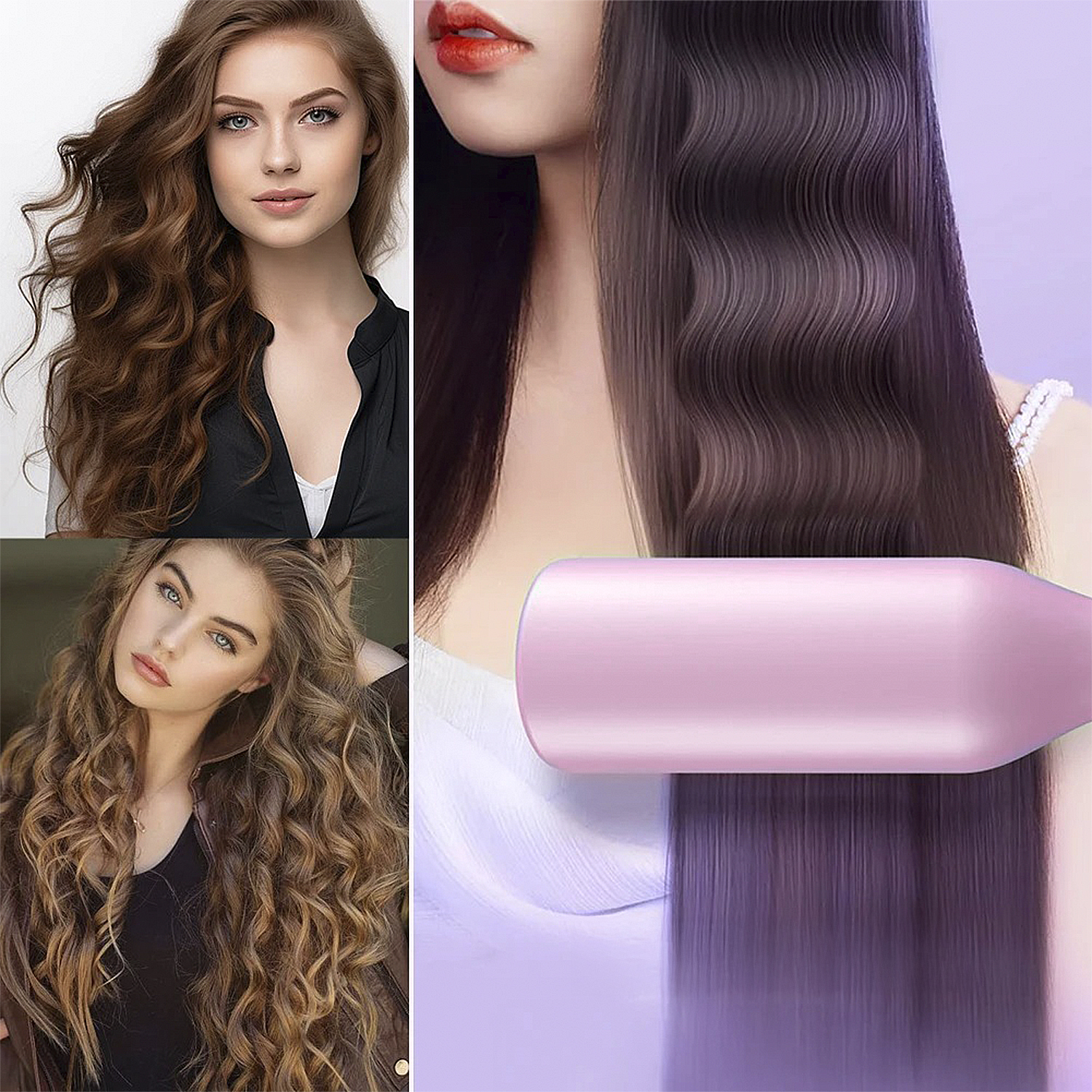 Tre donne con capelli lunghi e mossi e un arricciacapelli rosa.