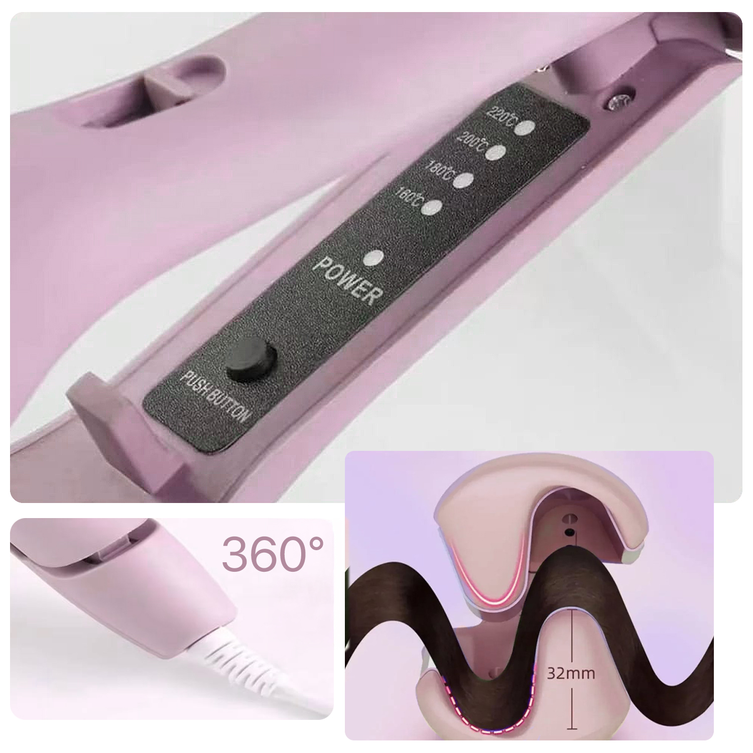 Una piastra per capelli rosa con controlli di temperatura (160-220°C), pulsante di accensione, 32mm.