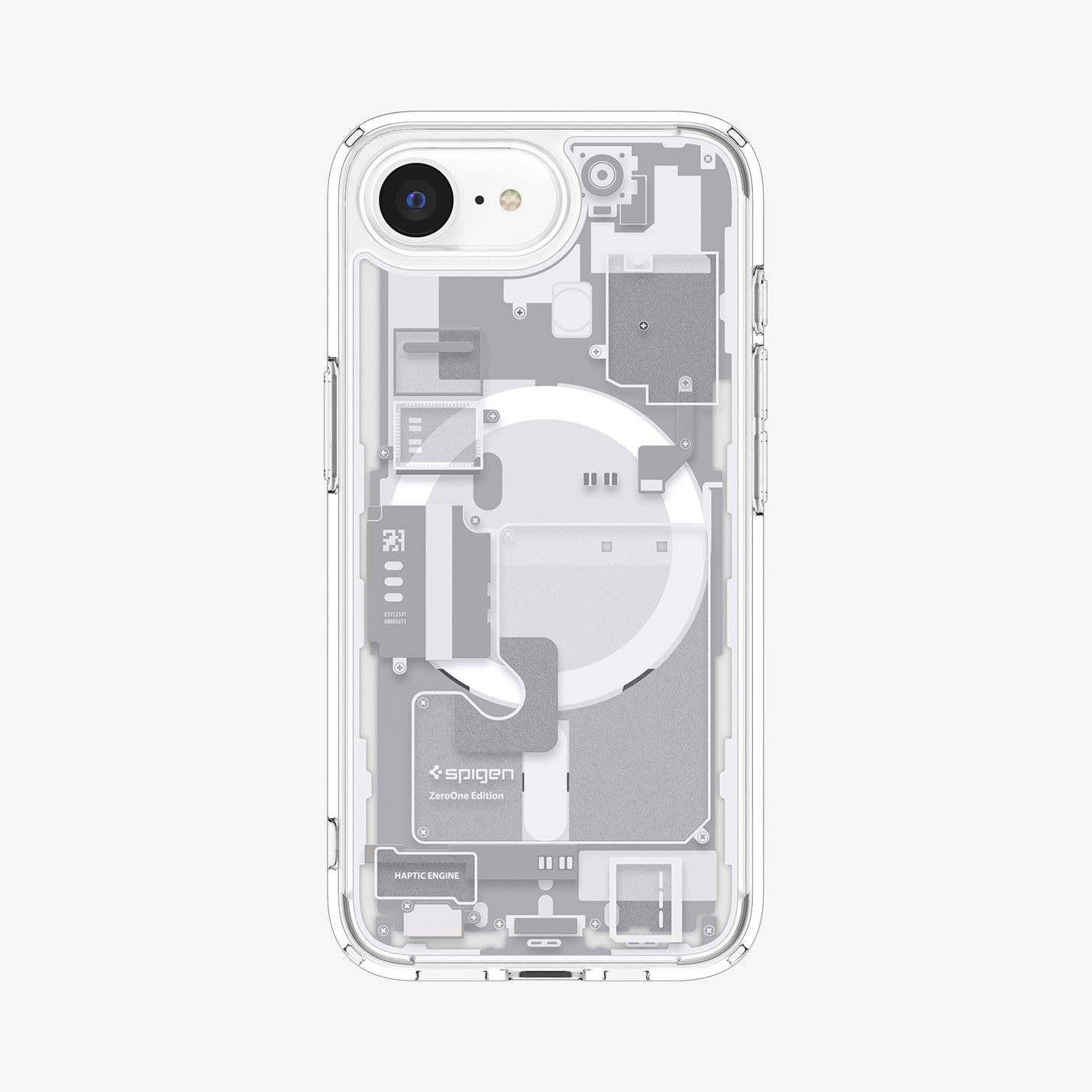 Transparente Handyhülle mit detailliertem Innenleben-Design und Spigen-Logo.