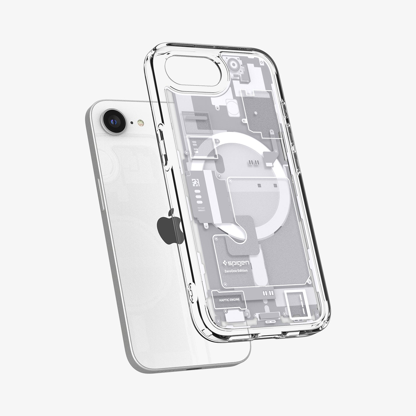 Eine durchsichtige iPhone-Hülle zeigt interne Komponenten und ein silbernes iPhone.