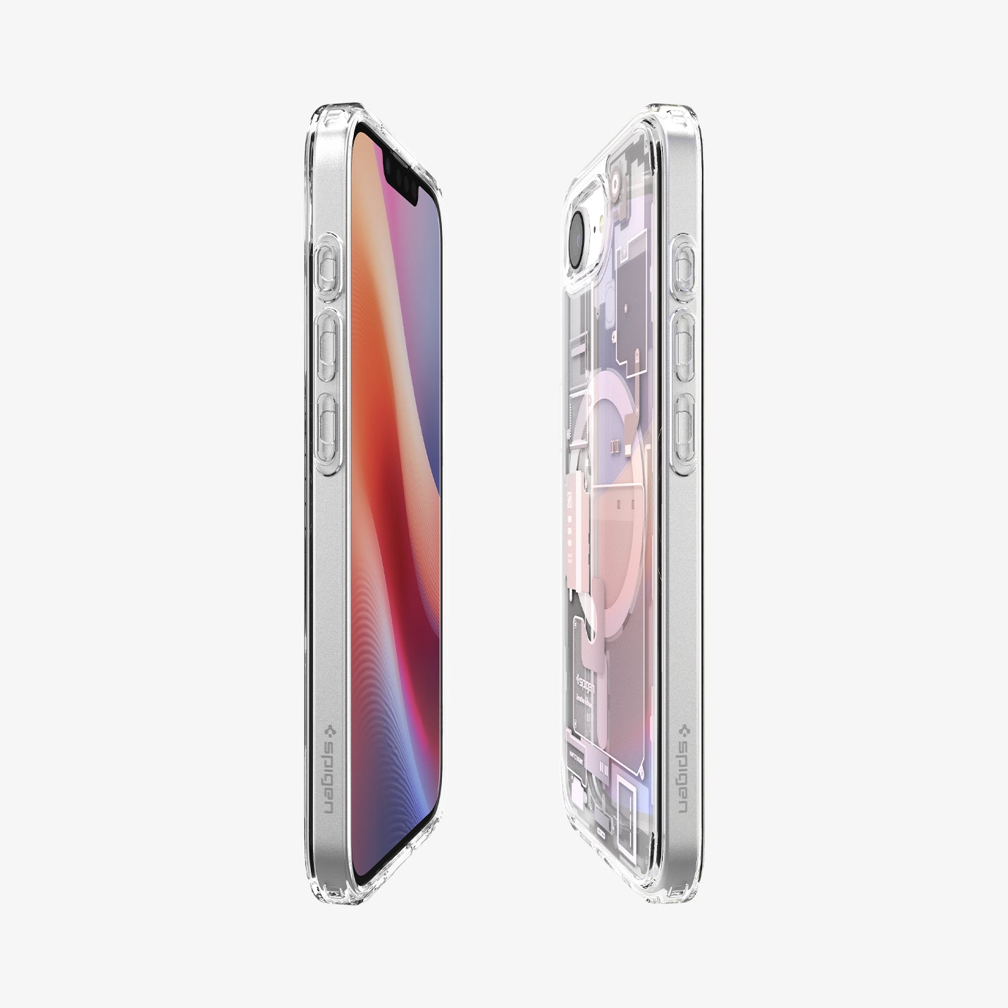 Zwei durchsichtige Handyhüllen auf grauem Hintergrund, eine mit Display, die andere mit innerem Schaltplan.