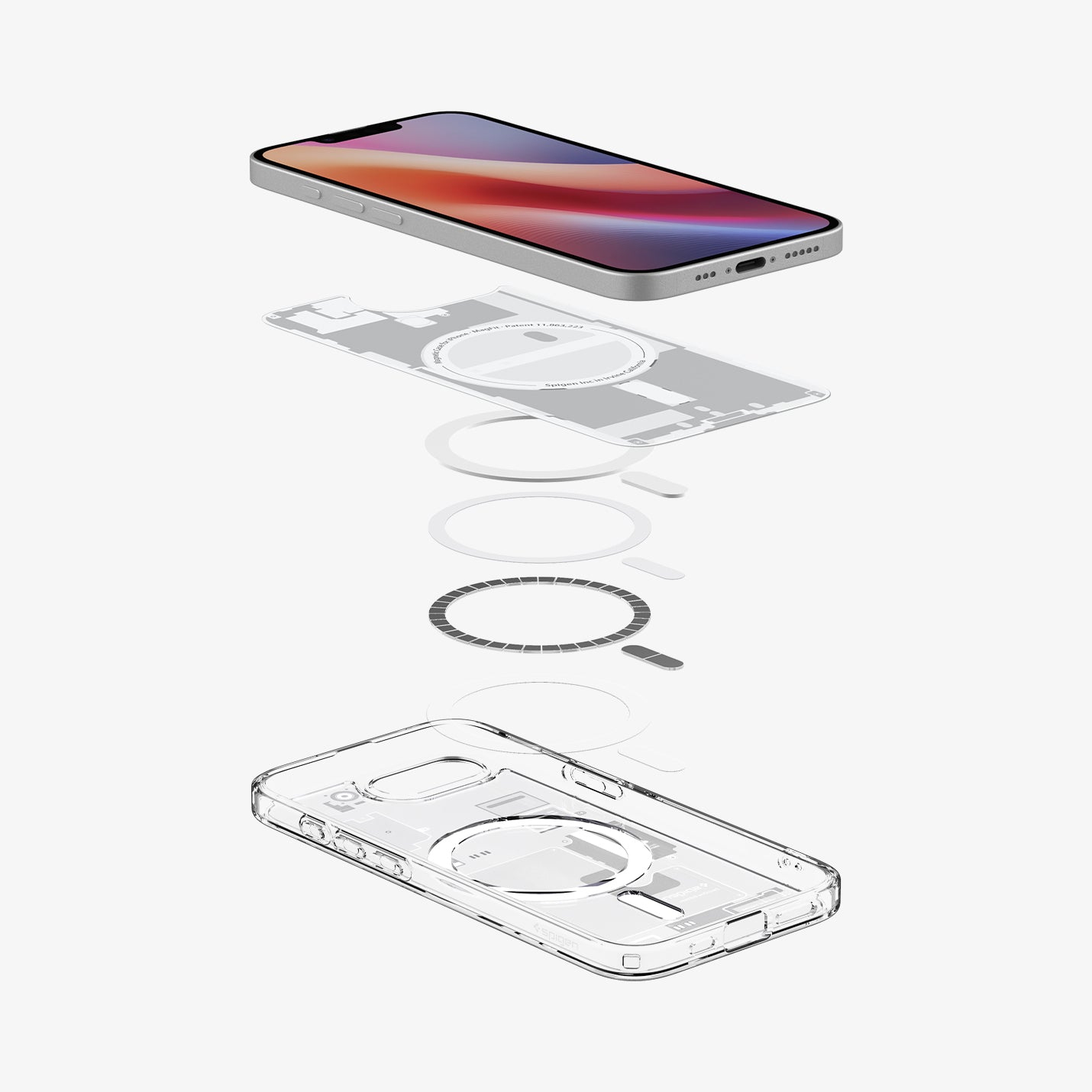 Explodierte Ansicht eines transparenten Handyhülle mit Magnetring und Handy.