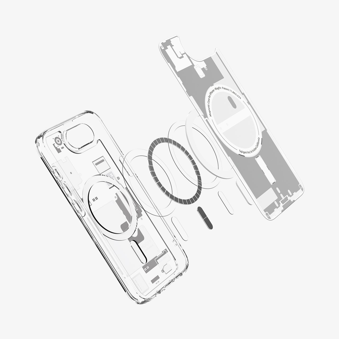 Explosionszeichnung einer transparenten iPhone-Hülle mit MagFit-Technologie.