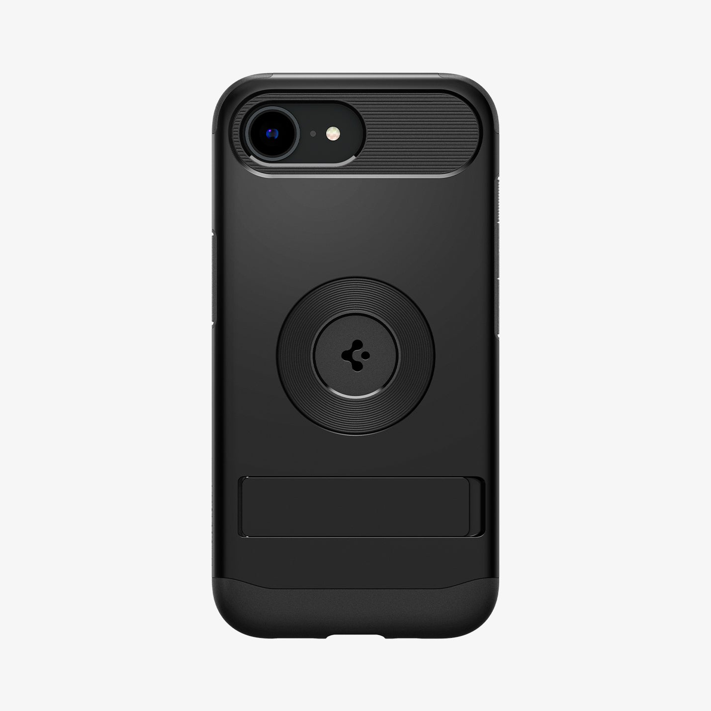 Schwarzes iPhone-Gehäuse mit integriertem Ständer und Kameraschutz.