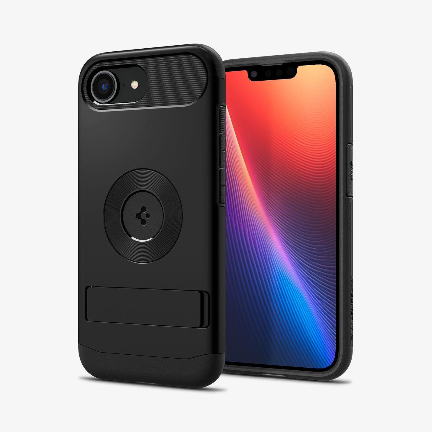 Schwarze Handyhülle mit Ständer neben einem Smartphone mit farbigem Hintergrund.