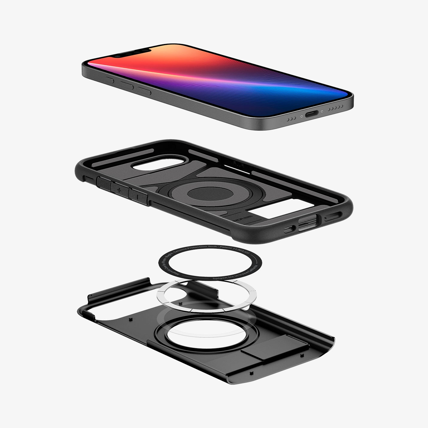 Ein iPhone mit Hülle und MagSafe-Ring, getrennt und übereinander geschichtet.