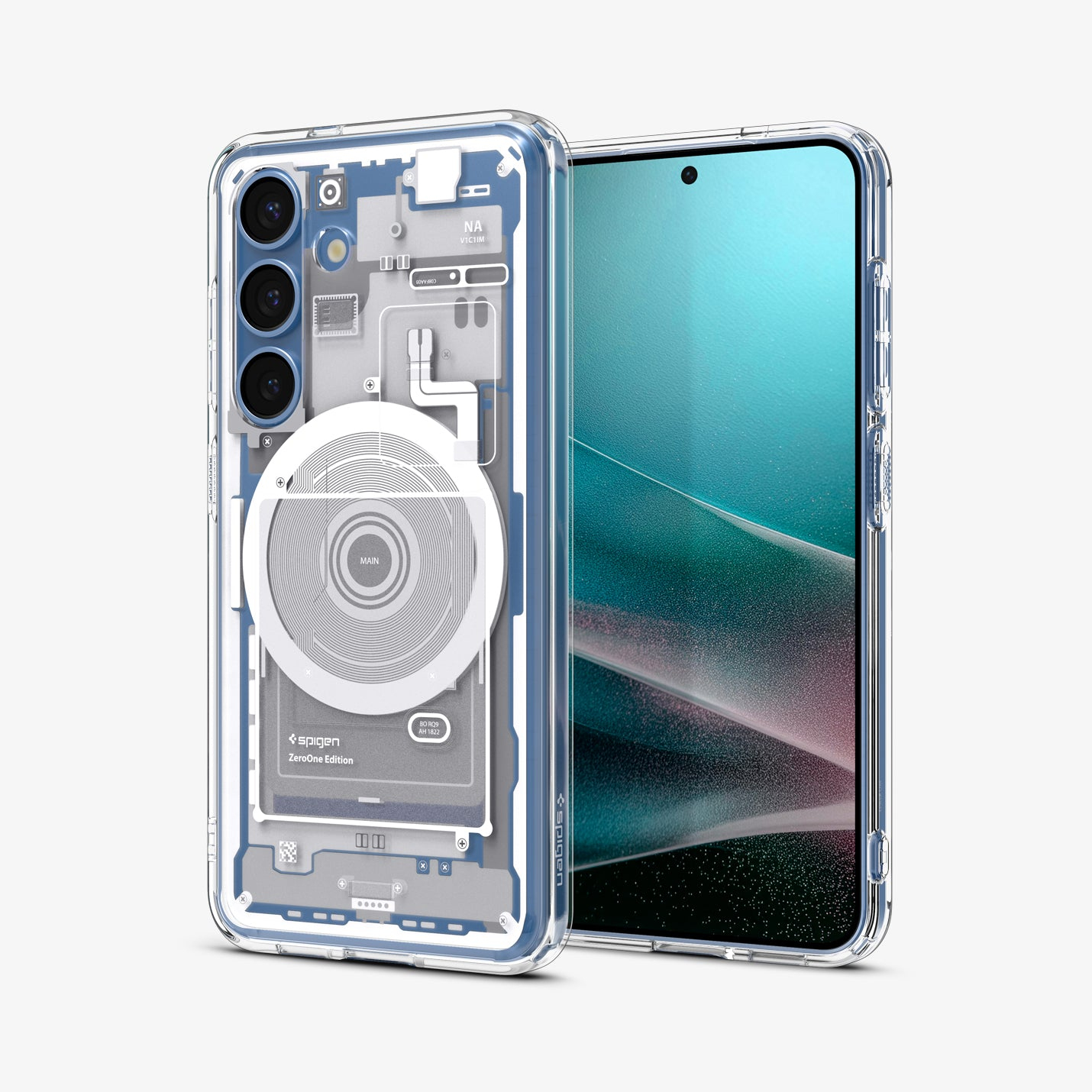 Una custodia trasparente per telefono che mostra circuiti interni e tre fotocamere.