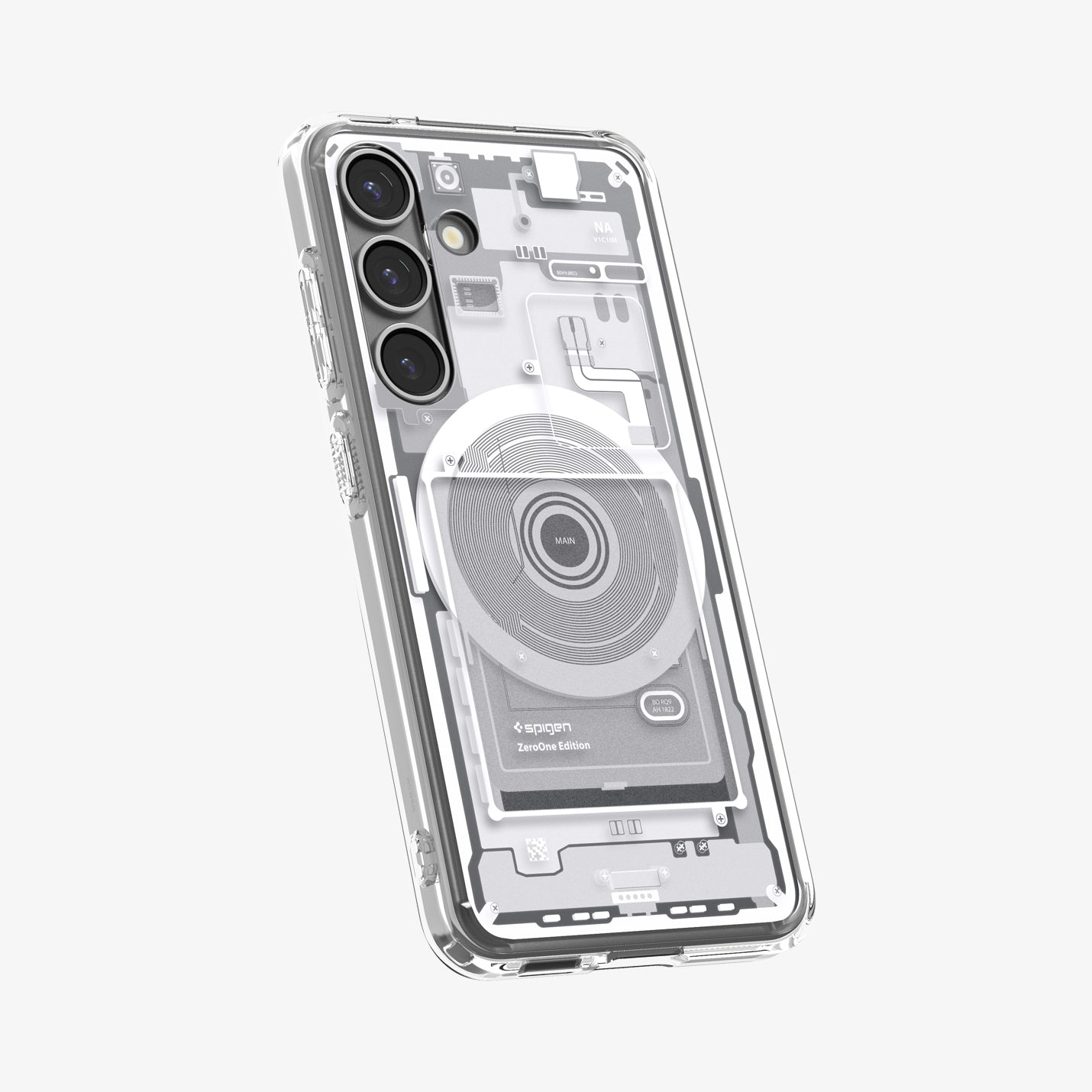 Custodia trasparente per telefono con elementi di design interni.