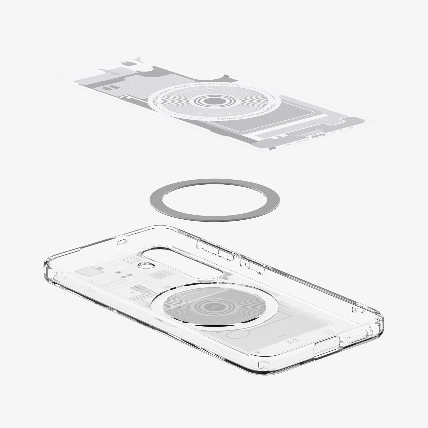 Custodia trasparente per telefono con anello magnetico e schema.