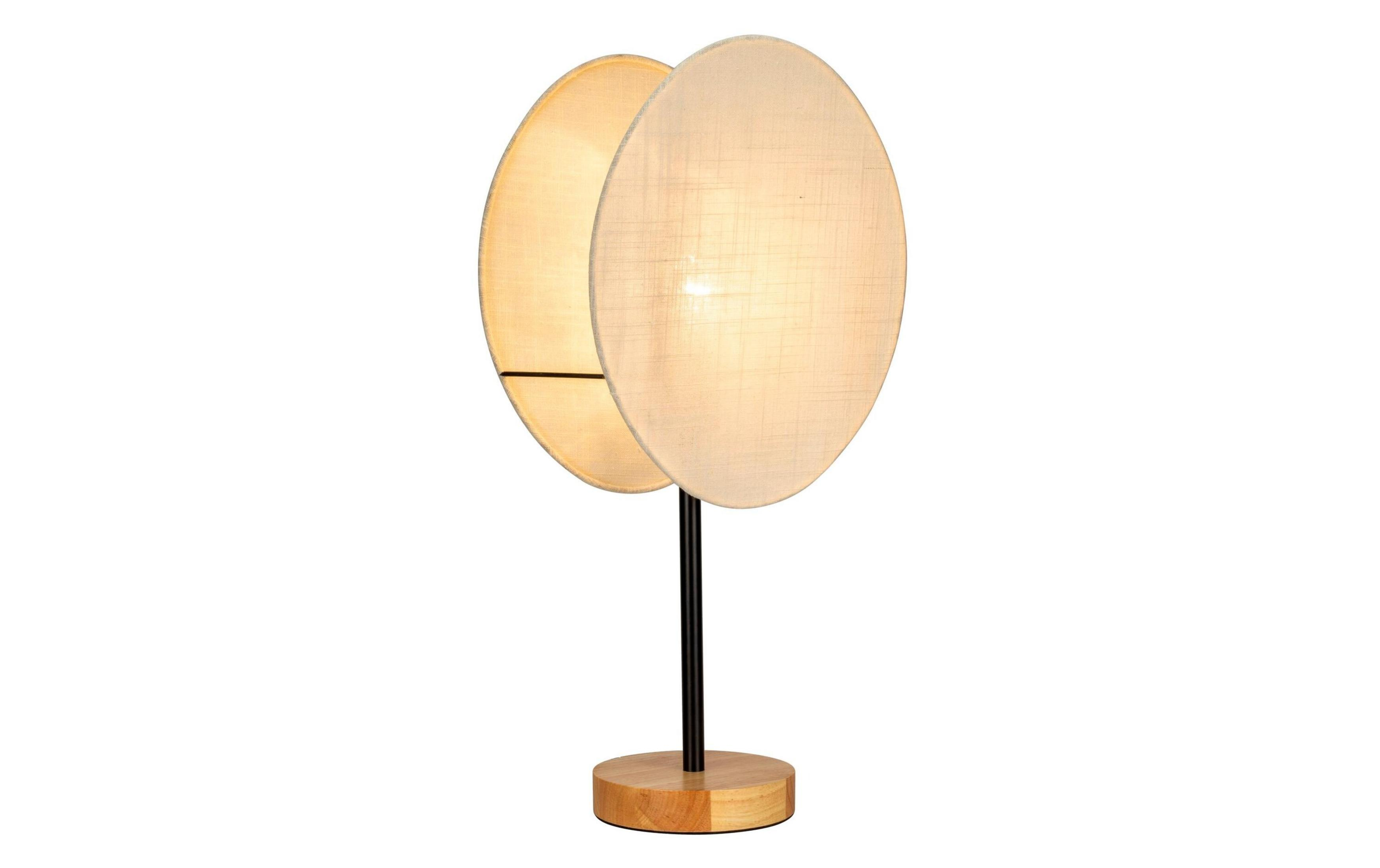 Nowoczesna lampa stołowa z dwoma okrągłymi, kremowymi kloszami na drewnianej podstawie.