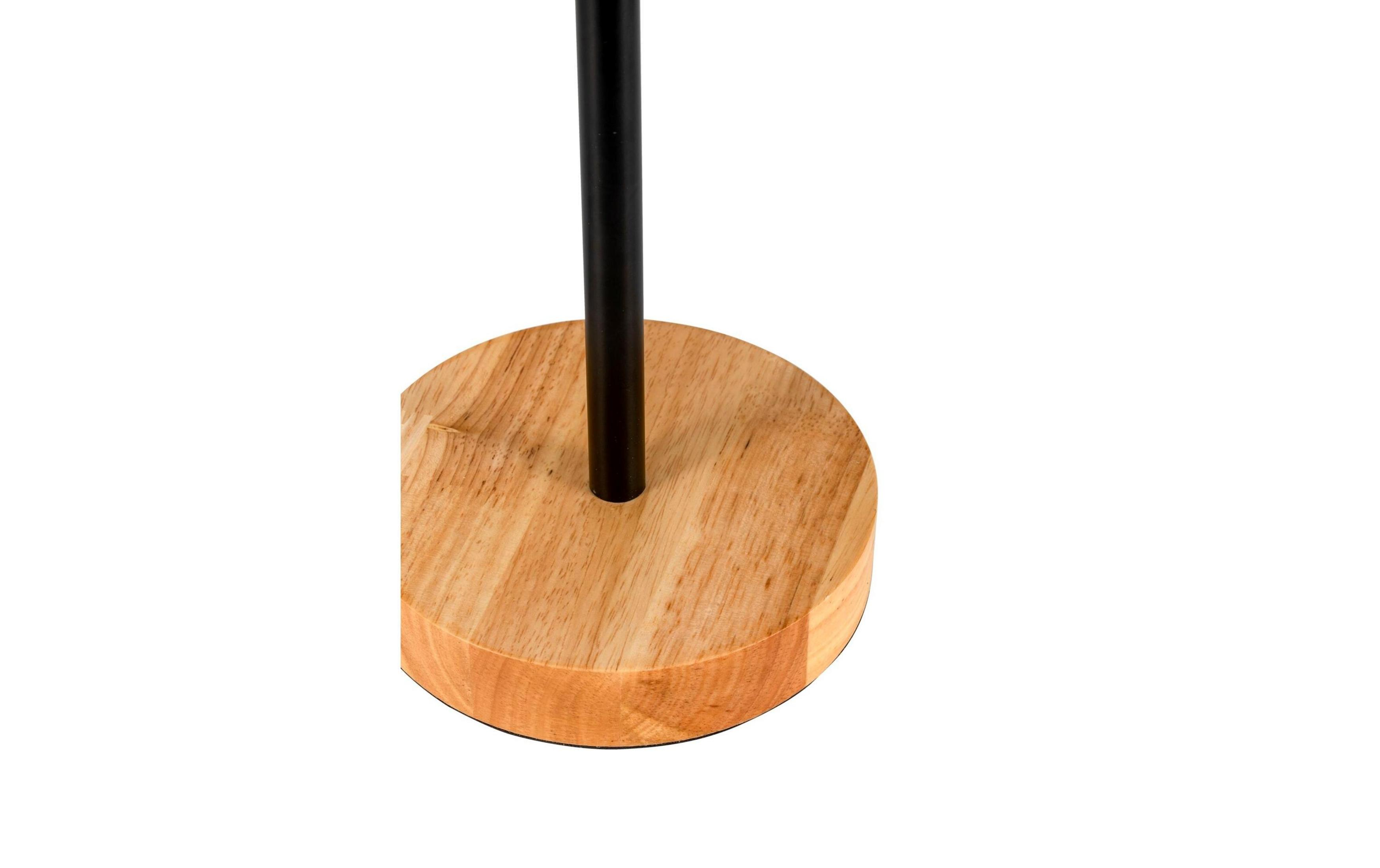 Drewniana podstawa z czarnym metalowym słupkiem pośrodku.