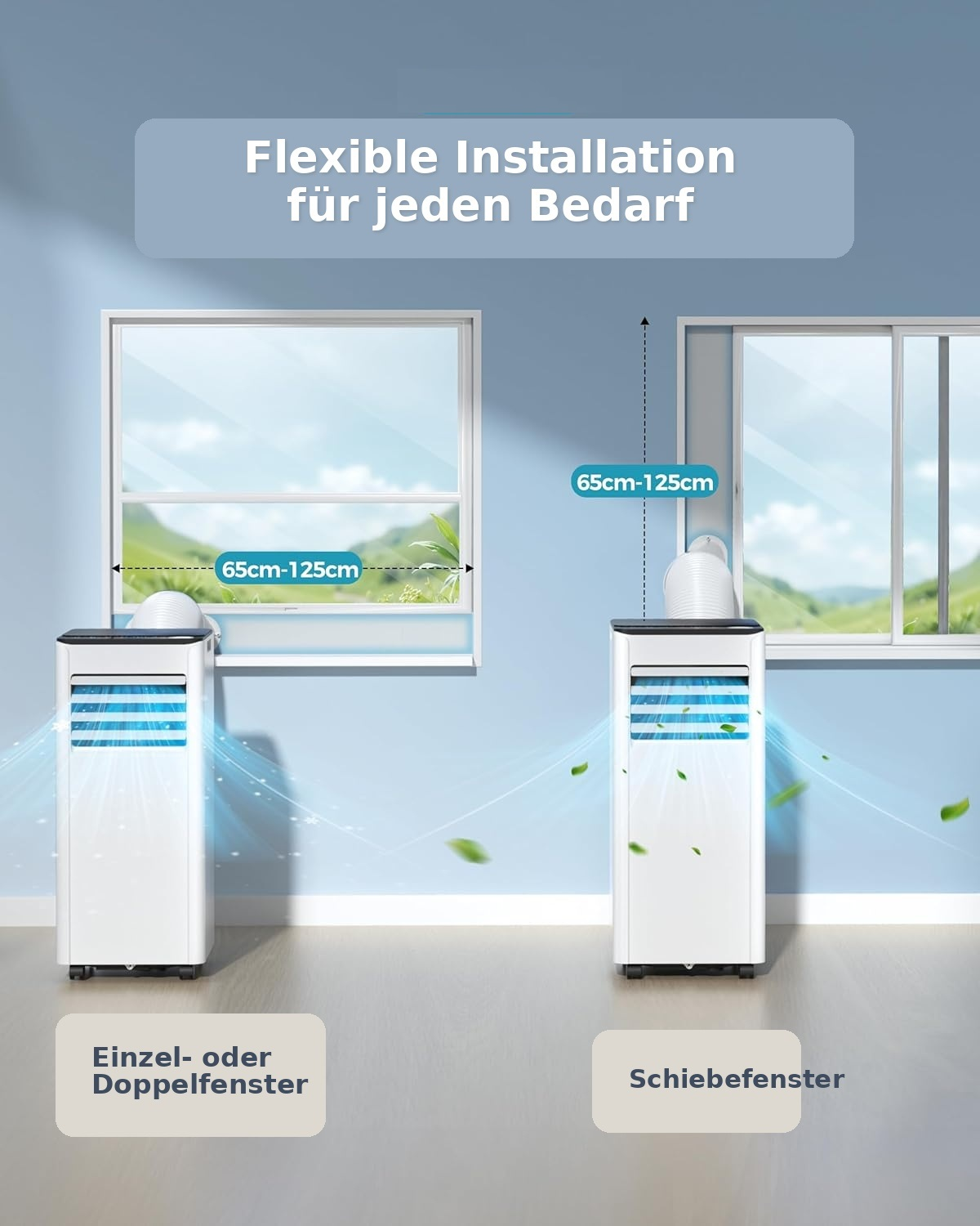 Zwei mobile Klimageräte vor Fenstern, flexible Installation (65-125cm).
